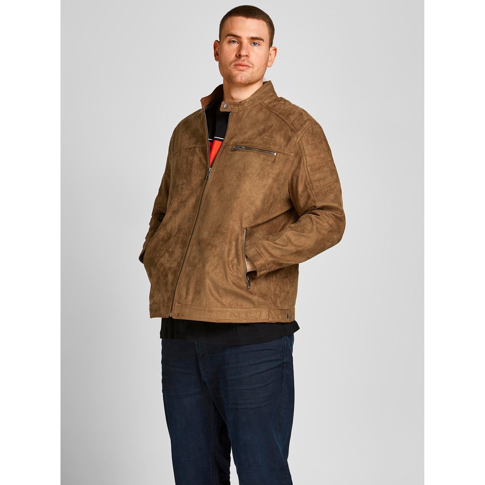 Jack & Biker-Style Lederoptik Jacke Jones Jack&Jones Übergrößen Herren Bikerjacke cognacbraun