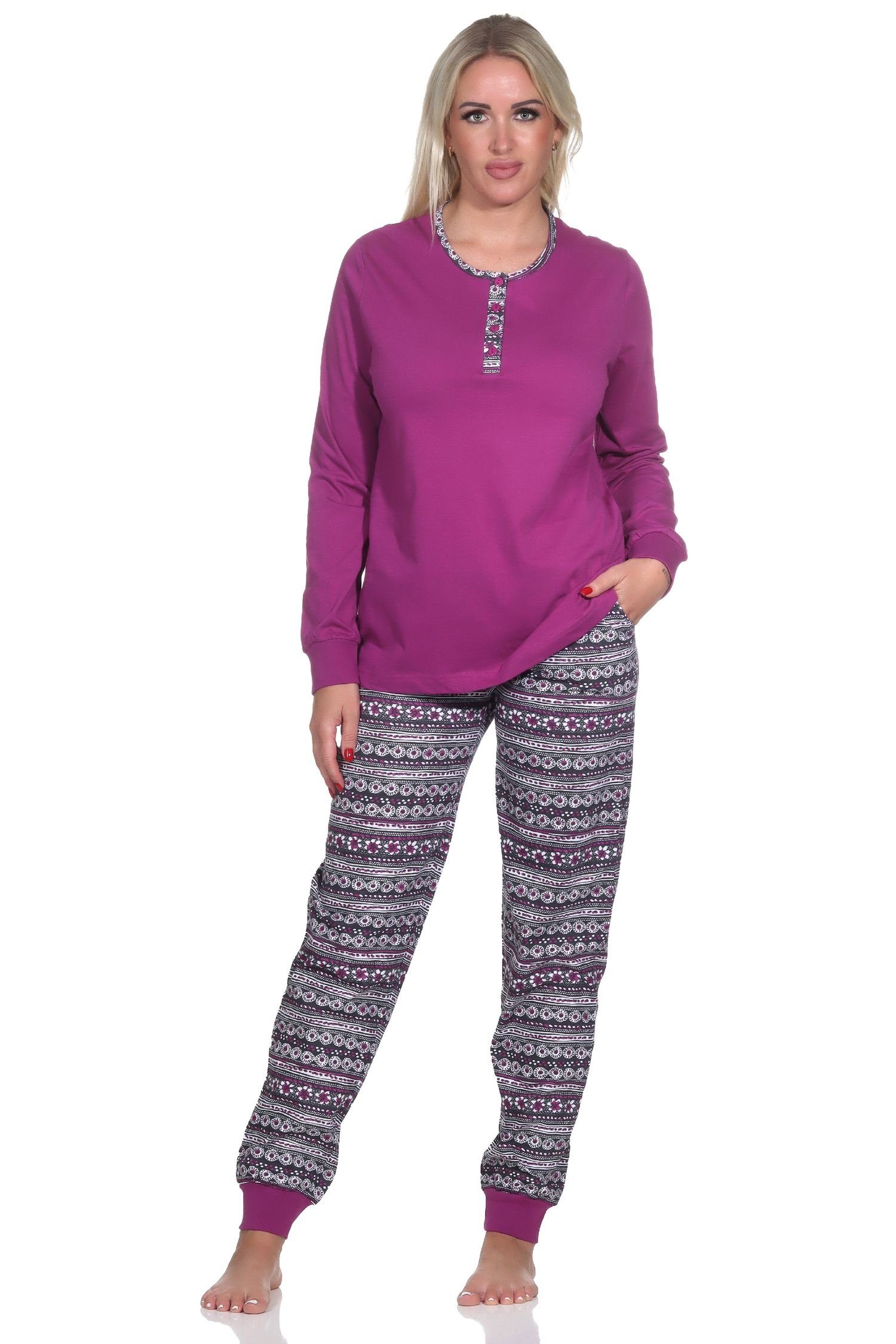 Normann Pyjama Normann Damen Langarm Schlafanzug Pyjama mit Bündchen im Ethnolook lila
