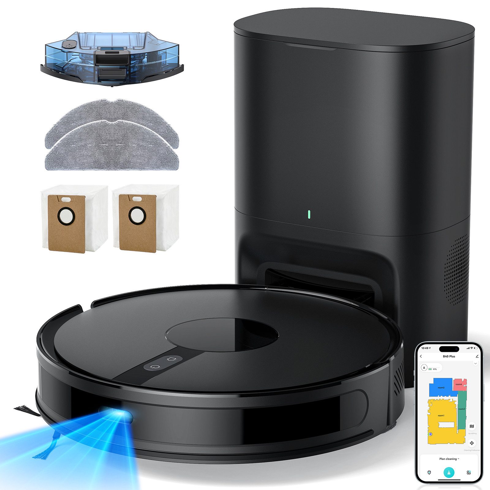 lubluelu Saugroboter B40 Plus mit Wischfunktion 3L Absaugstation Lasernavigation, 45 W, mit Beutel, 14 No-Go Zone ideal für Teppich und Tierhaare, APP Steuerung