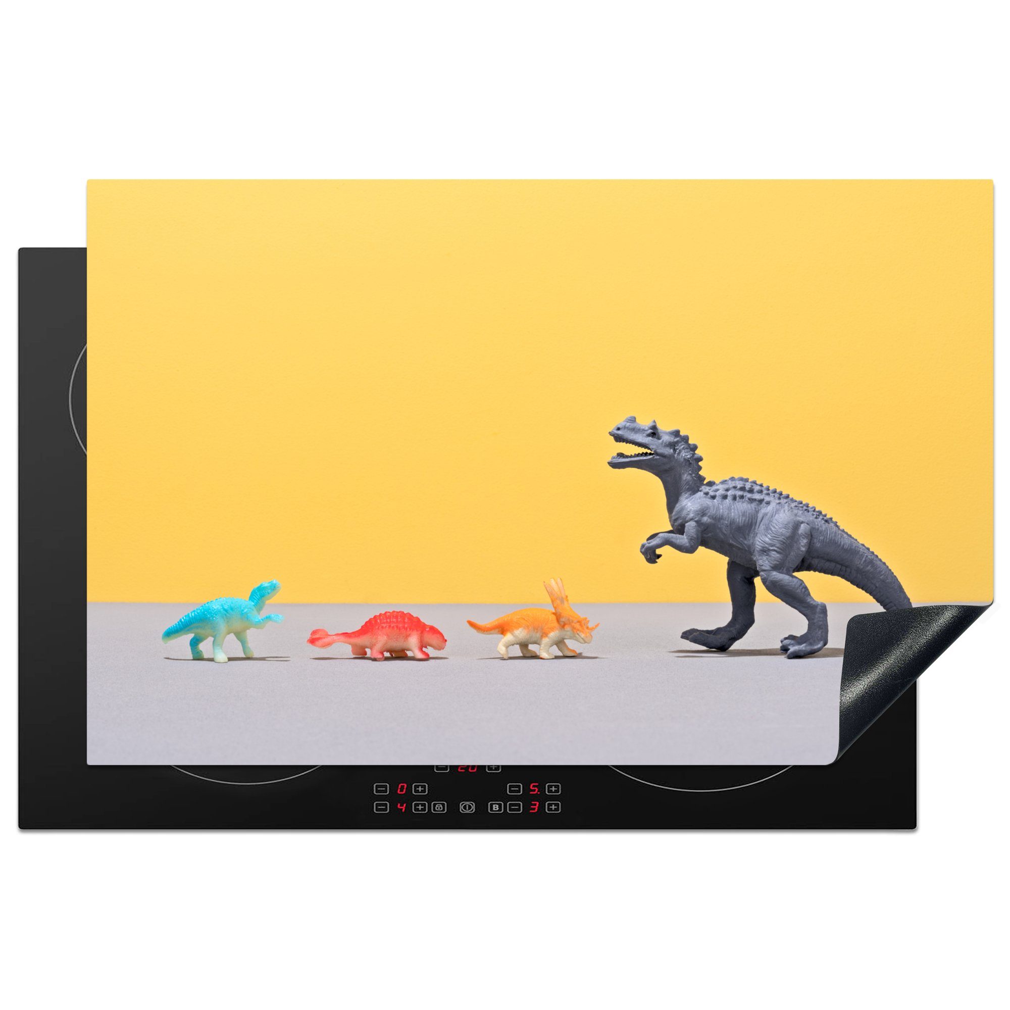 Herdblende-/Abdeckplatte für Dinosaurier-Spielzeug Regenbogen - MuchoWow die Gelb, cm, küche, Induktionskochfeld - (1 Ceranfeldabdeckung Vinyl, 81x52 Schutz tlg),