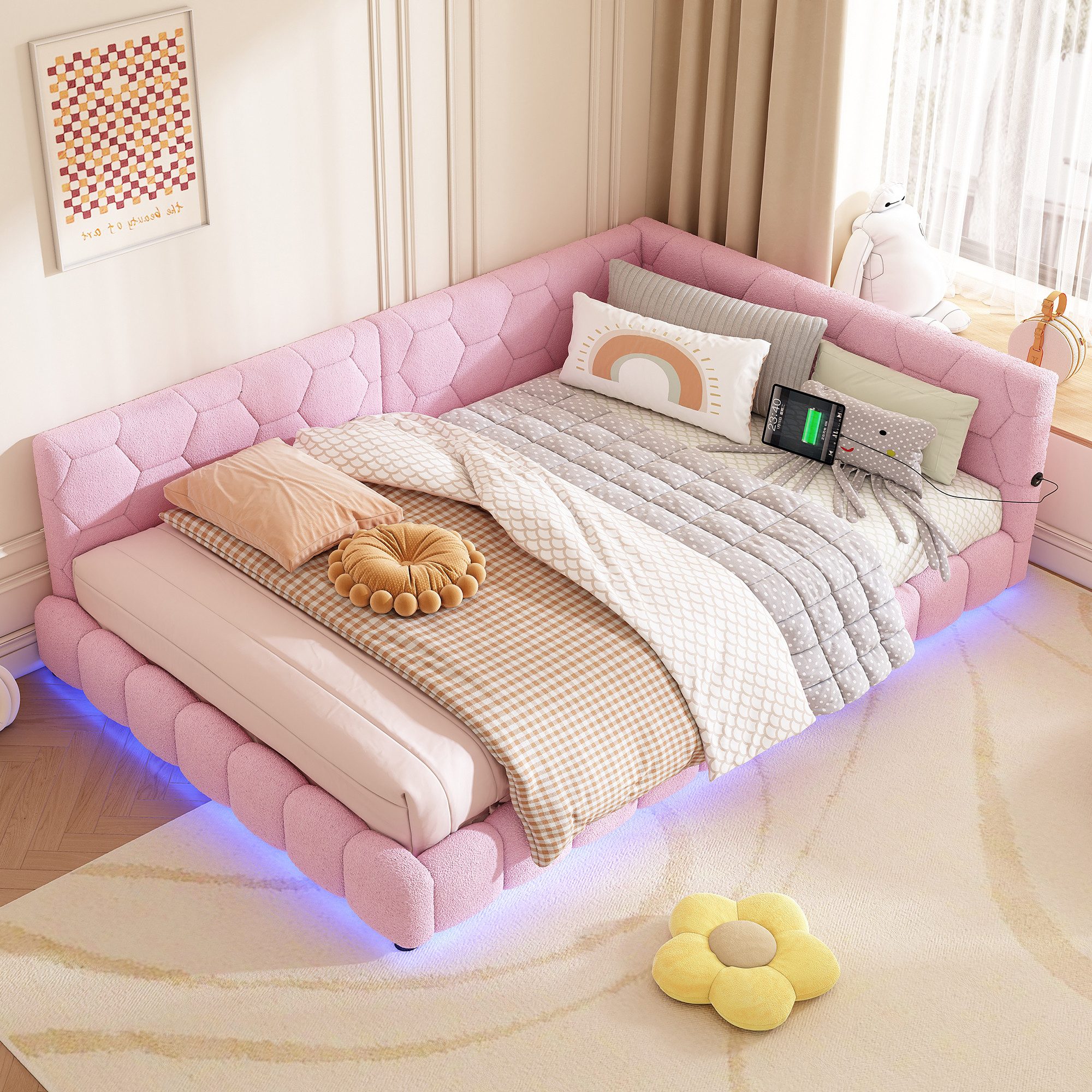 Flieks Polsterbett, LED Doppelbett Daybett Tagesbett Samt 140x200cm mit USB günstig online kaufen