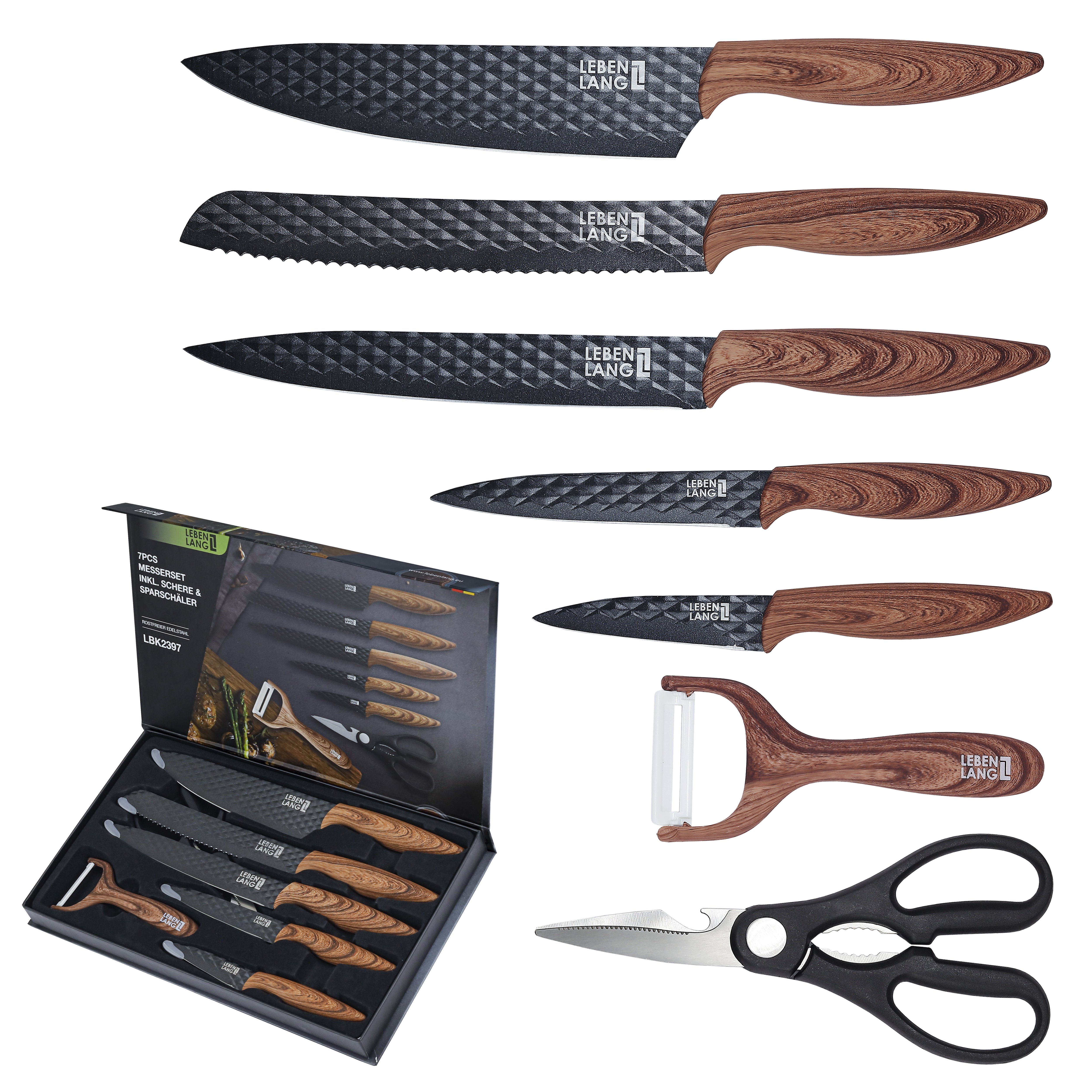 Lebenlang Ножи-Set Küchen Zubehör Ножиset 7 Teilig Küchenmesser Set (Inkl. hochwertiger Geschenkverpackung), I Antihaftbeschichtet I Griff im Vintage Design I Rostfreier Stahl