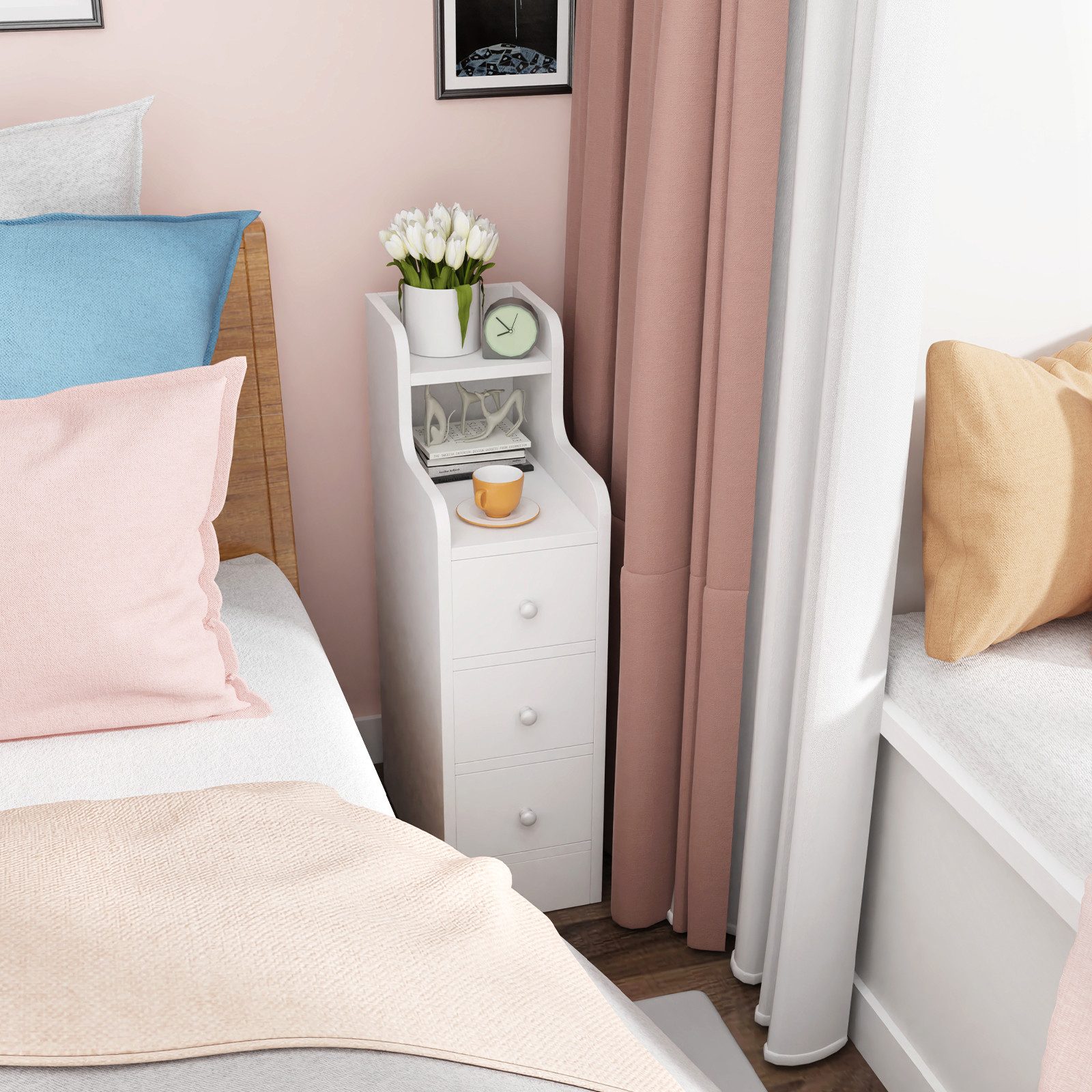 JEOBEST Nachttisch Nachtschrank Schmal, Beistelltisch mit 3 Schubladen, (2-St), Nachtkommode Nachtkonsole für Schlafzimmer Wohnzimmer – Bild 3 von 5