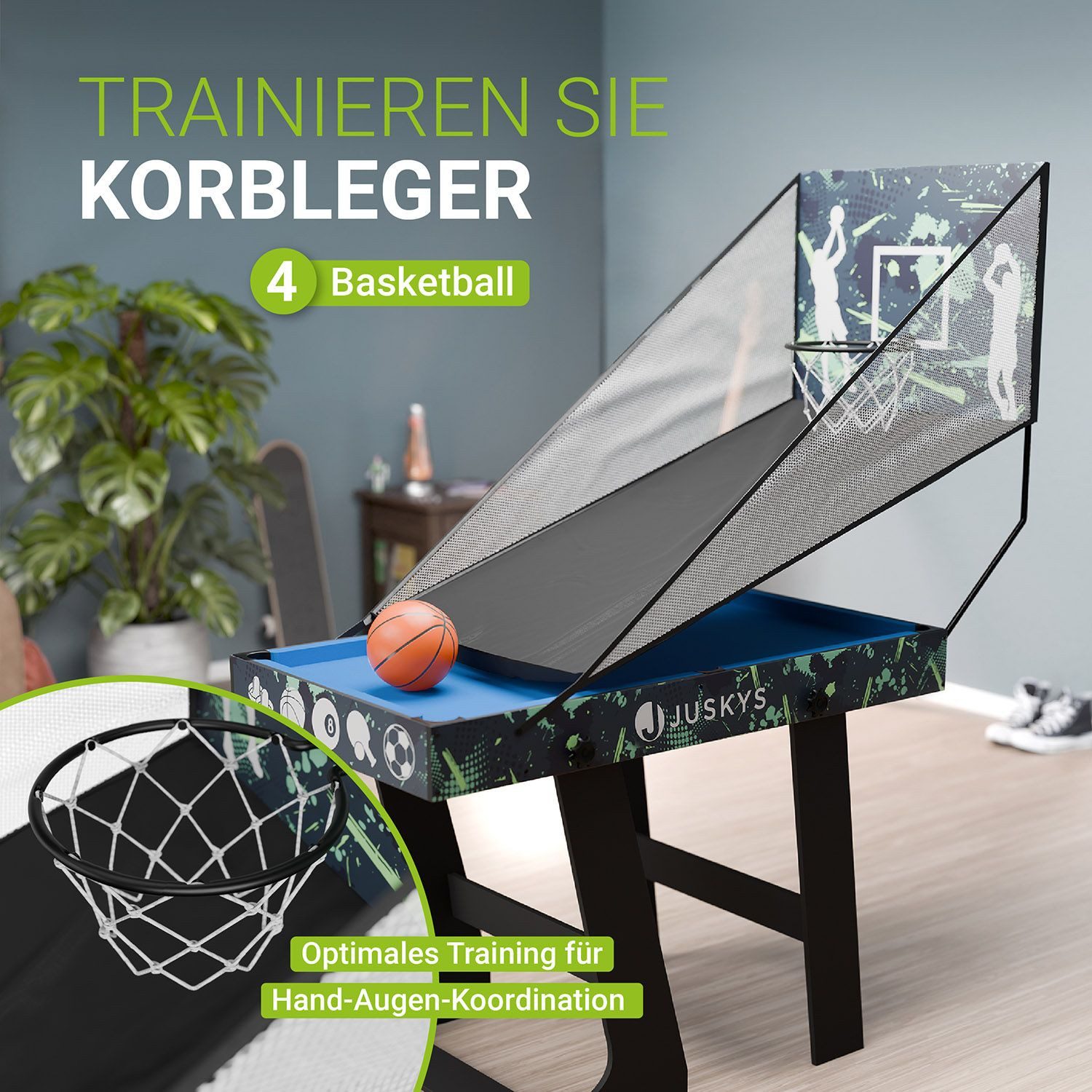 Juskys Spieltisch Ballzauber, klappbar mit Tischtennis, Kicker, Billard, Hockey & Basketball