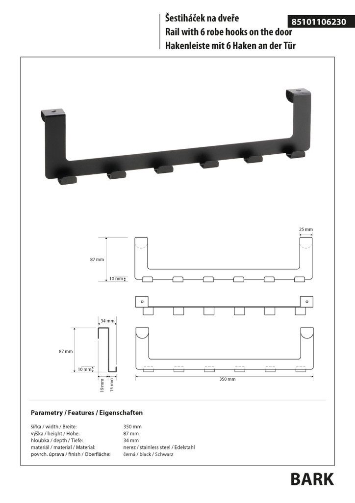 BRILLANTBAD® Hakenleiste BARK Hakenleiste 6 Haken Edelstahl Schwarz Bad Küche >> Einhängen