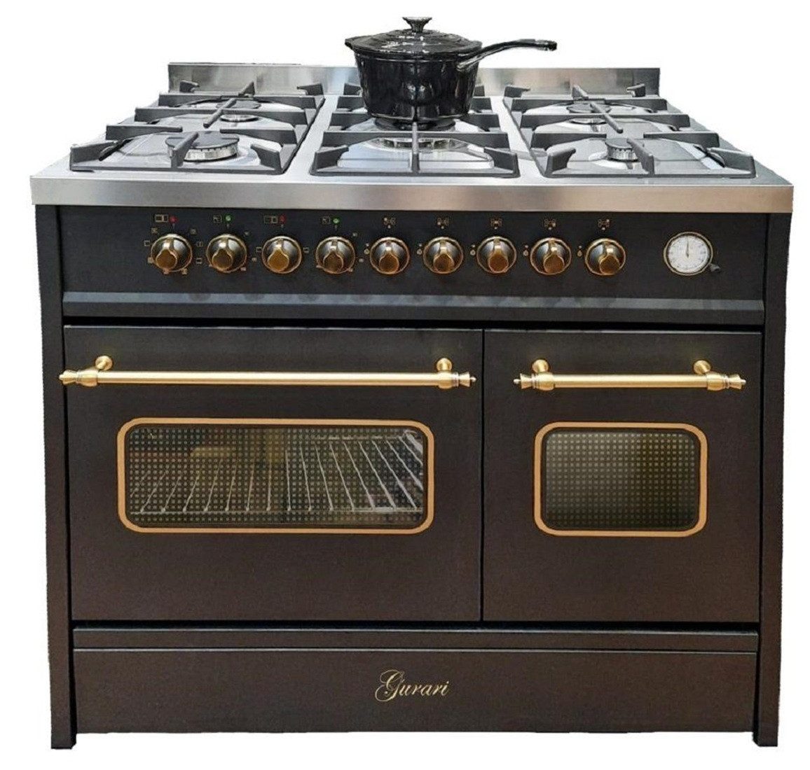 GURARI Gas-Standherd Retro Gas Elektro Standherd 90 cm, Range Coocker in Schwarz mit zwei Backöfen+Dunstabzugshaube Umluft/Abluft • 910 m³/h • 90 cm GCH E 916 BL R+A 9423 ECO, mit 1-fach-Teleskopauszug, Retro Gas Elektro Standherd 90 cm+Dunstabzugshaube 90 cm