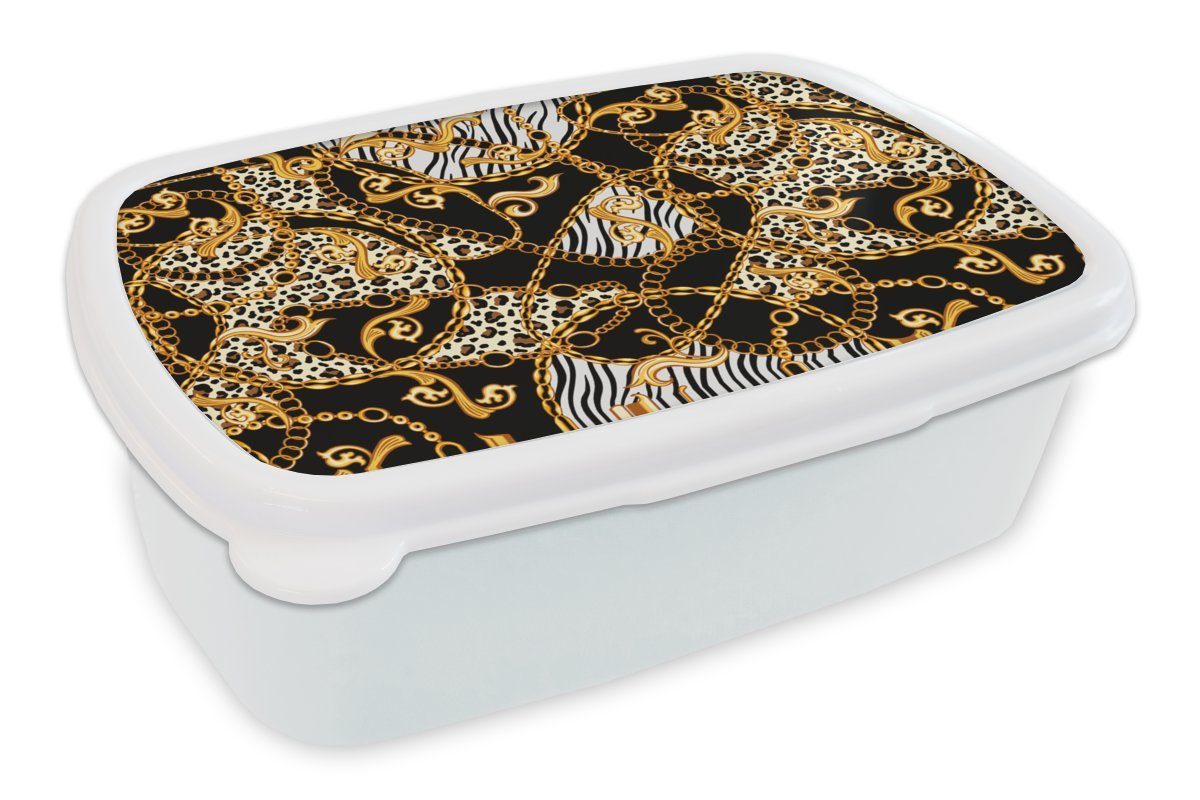 Erwachsene, und Brotbox MuchoWow und Halskette für für Lunchbox - Kinder Brotdose, Panther Gold Kunststoff, - Mädchen (2-tlg), weiß Jungs Zebra, -