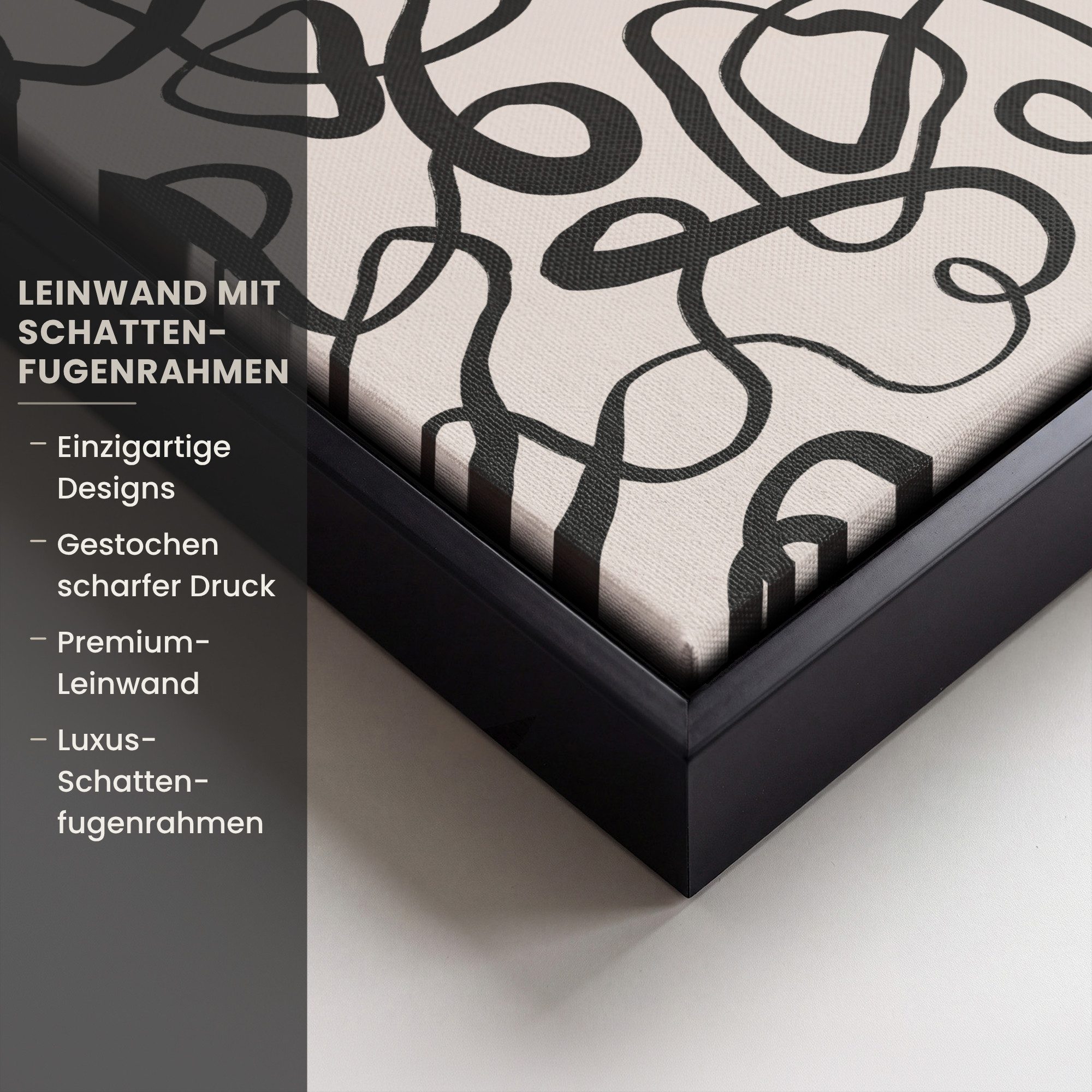 OneMillionCanvasses® Leinwandbild mit Rahmen - Linien - Kunst - Schwarz - Beige, Fotodruck (1 St), Leinwand Bilder Klein, Wand Dekoration Aesthetic 20x20cm