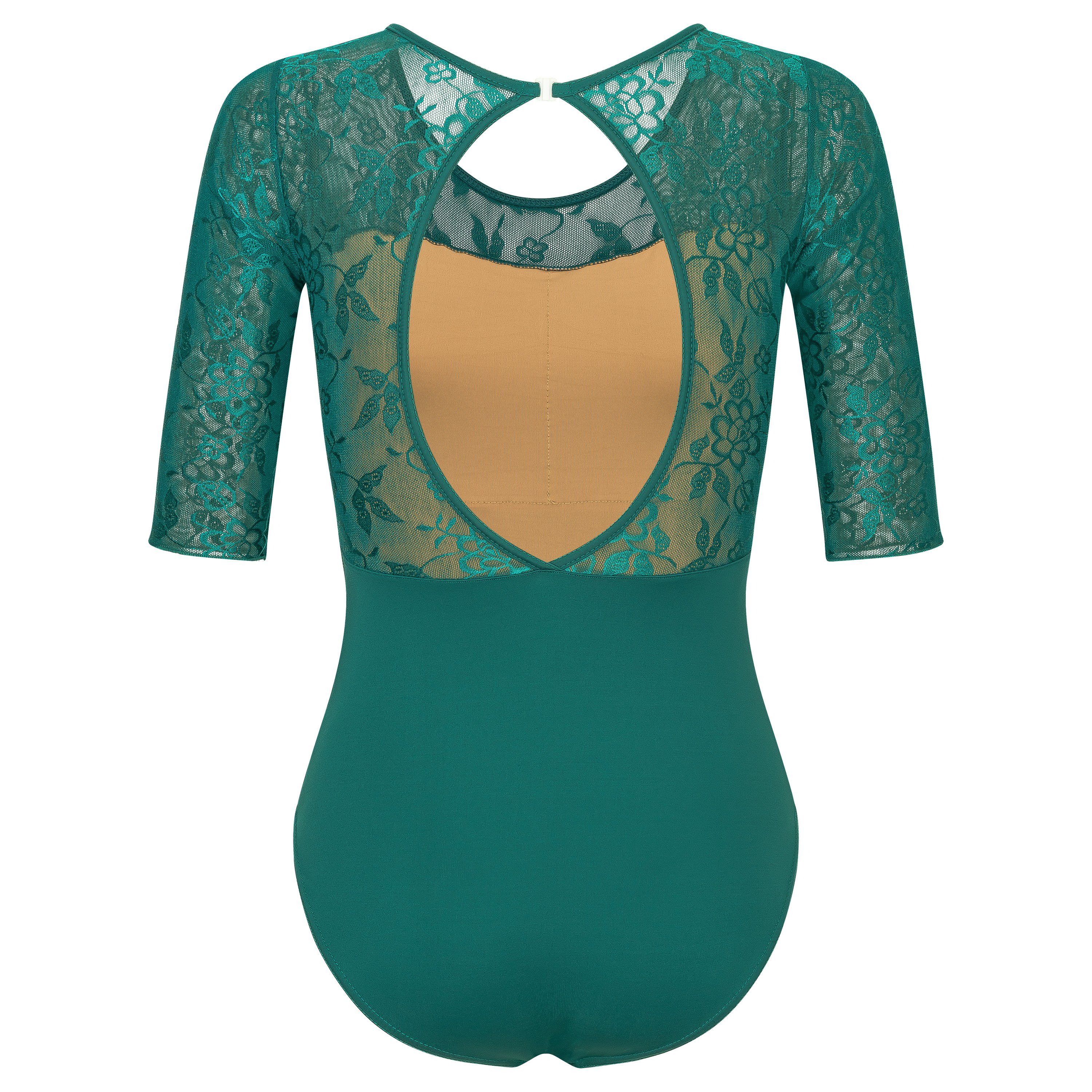 tanzmuster Body Damen Ballettanzug Ulla mit 3/4 Ärmeln aus Mesh eleganter Cut-Out Rücken