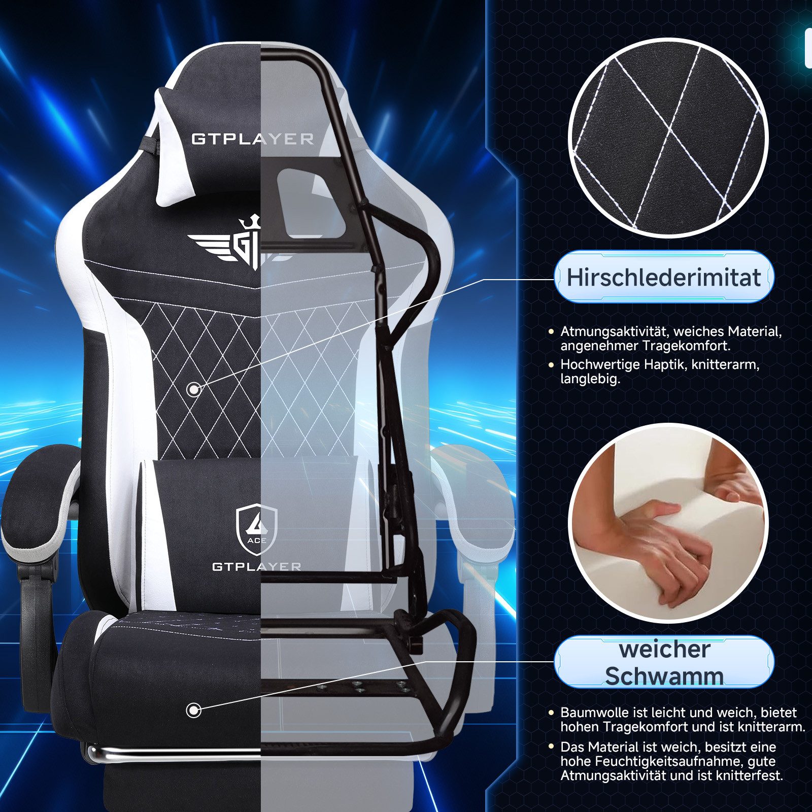 GTPLAYER Gaming-Stuhl Stoff Gaming Chair Ergonomisch Bürostuh PC Stuhl, 150kg Belastbarkeit, Schreibtischstuh mit Federsitzkissen und Fußstütze – Bild 5 von 5