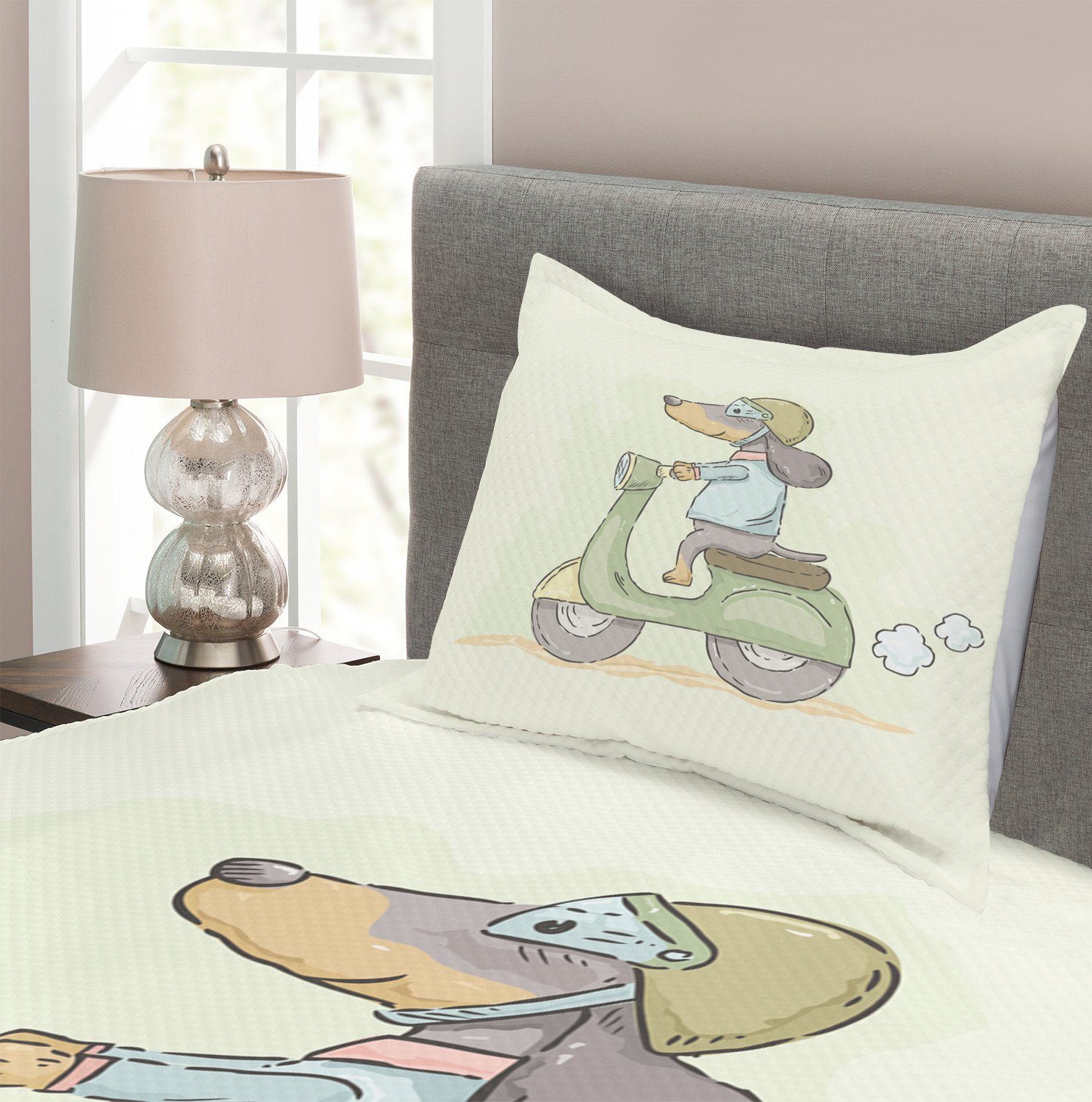Abakuhaus, Motorrad Tagesdecke Waschbar, Karikatur-Art-Pastell-Hund mit Set Kissenbezügen