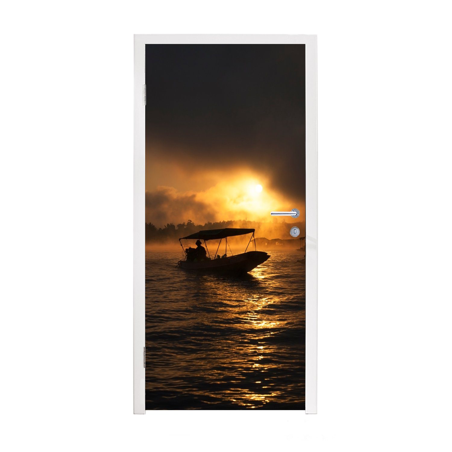 MuchoWow Türtapete Boot mit Nebel im Sonnenuntergang, Matt, bedruckt, (1 St), Fototapete für Tür, Türaufkleber, 75x205 cm