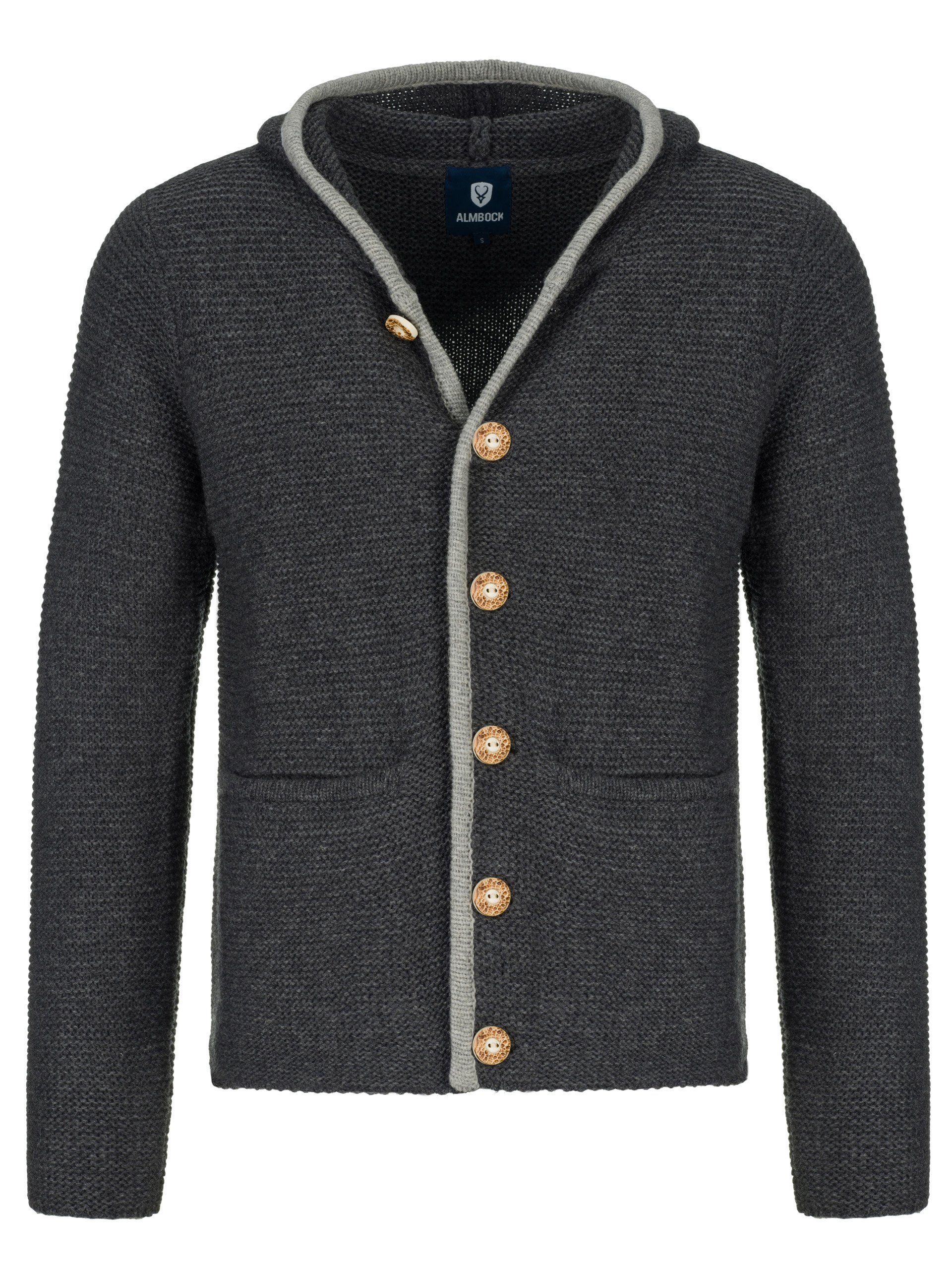 Almbock Trachtenstrickjacke Strickjacke Bavaria (1-tlg) anthrazit mit Kapuze