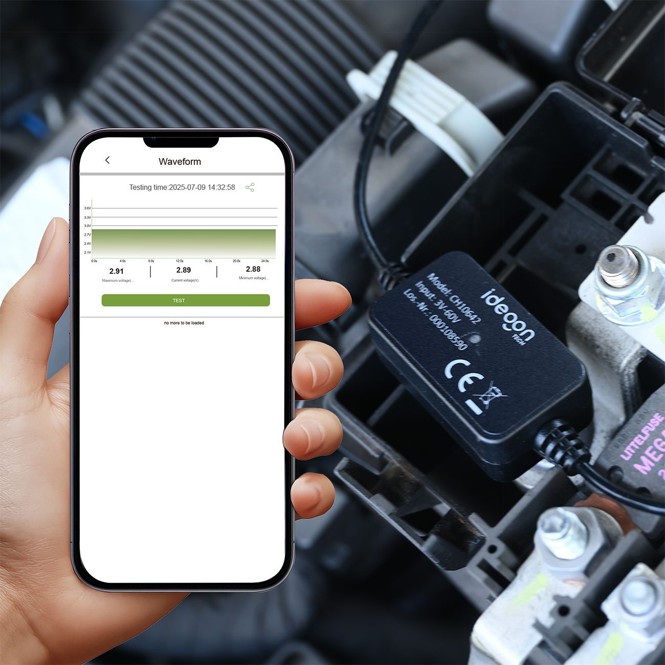 shop'n smile ideoon Batterietester App-KFZ-Batteriewächter 6V-12V Monitor & Tiefentladeschutz IPX7, 3mA/App-Überwachung/wasserdicht nach IPX7/