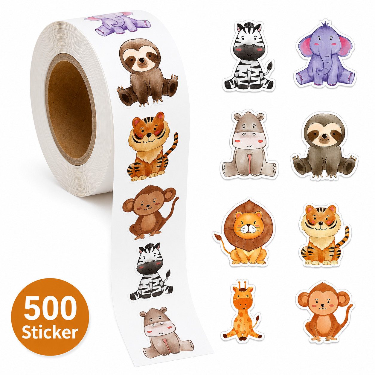 Ware aus aller Welt Sticker 500 Tiersticker auf Rolle 8 Motive Aufkleber selbstklebend, (500-tlg)