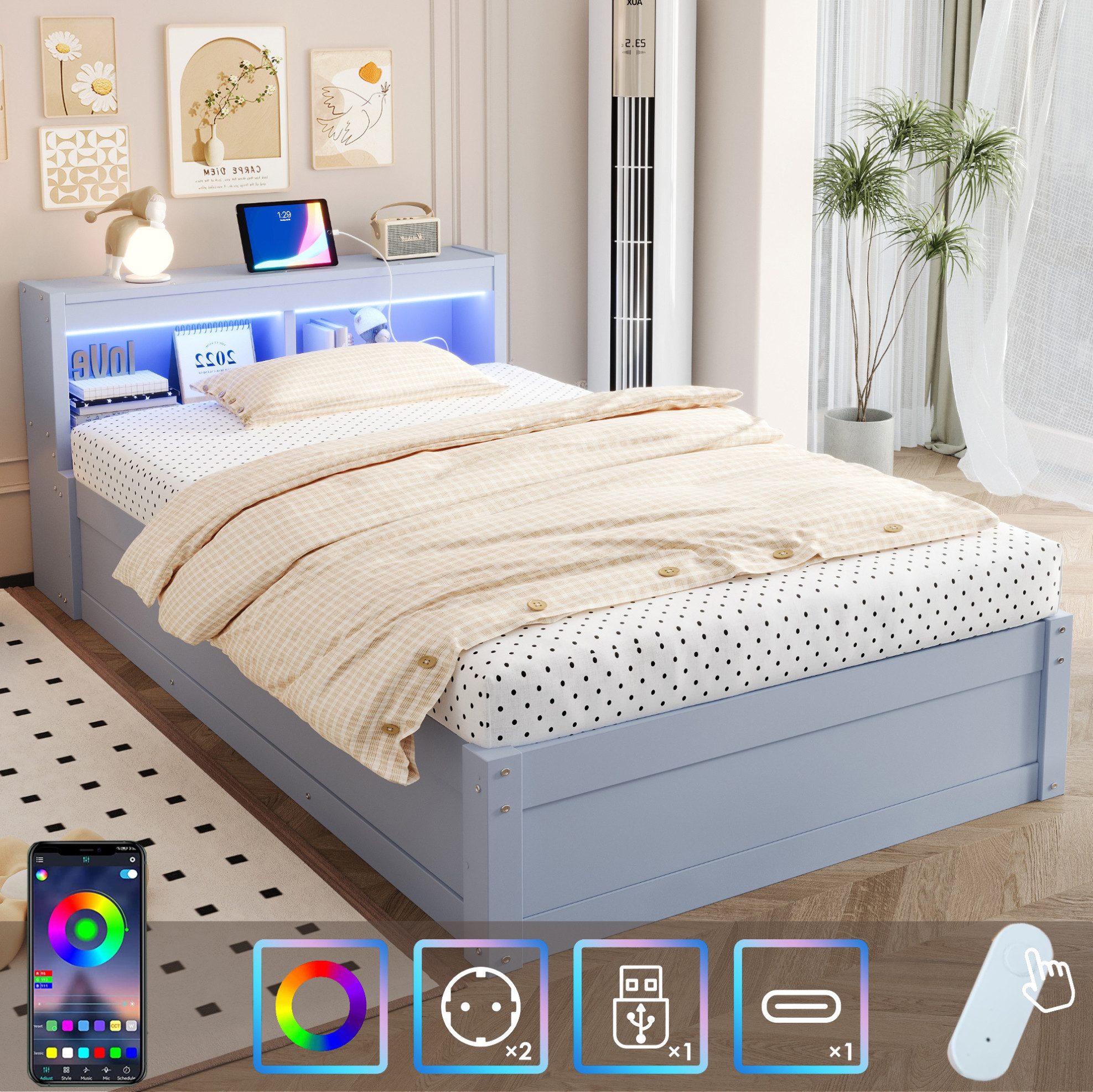 REDOM Schlafsofa Stauraumbett Kinderbett, mit hydraulischer Hebefunktion, Steckdose, 90x200 cm, LED-Lichtstreifen in mehreren Farben und praktischen Stauraumfächern, Einzelbett, ohne Matratze