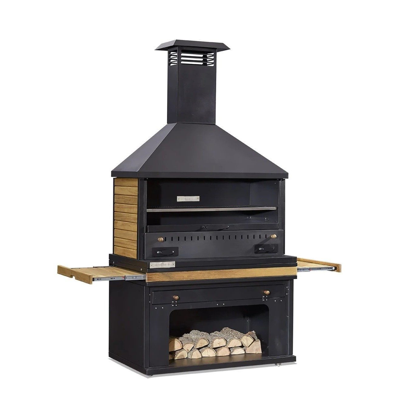 Xlmoebel Outdoor-Küche XLMOEBEL Grillkamin in Schwarz mit Holz- und Edelstahloberfläche, Made in Europa