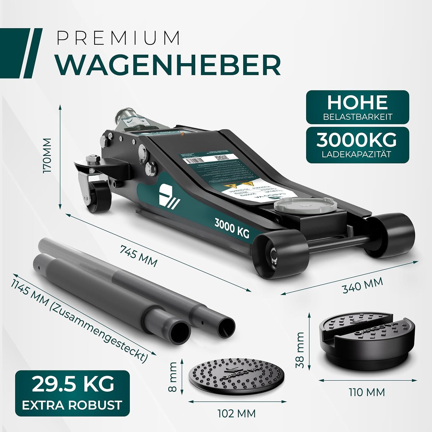 CargoVA® Rangierwagenheber Wagenheber 3T hydraulisch, 75–505 mm, SUV & Tiefergelegt, Profi-Set, max. Hubhöhe: 50,5 cm, 1-tlg., 3 T Tragkraft, 75–505 mm Hubhöhe, Doppelkolben, Profi-Set, geprüft