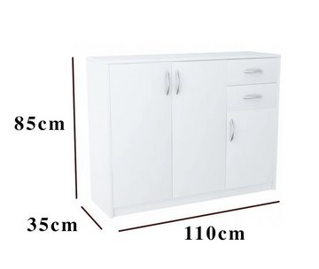 Home Collective Kommode mit 2 Schubladen und 3 Türen 110x85x35 cm (B/H/T) schmal in weiß, Highboard Sideboard Mehrzweckschrank Schrank Schlafzimmer