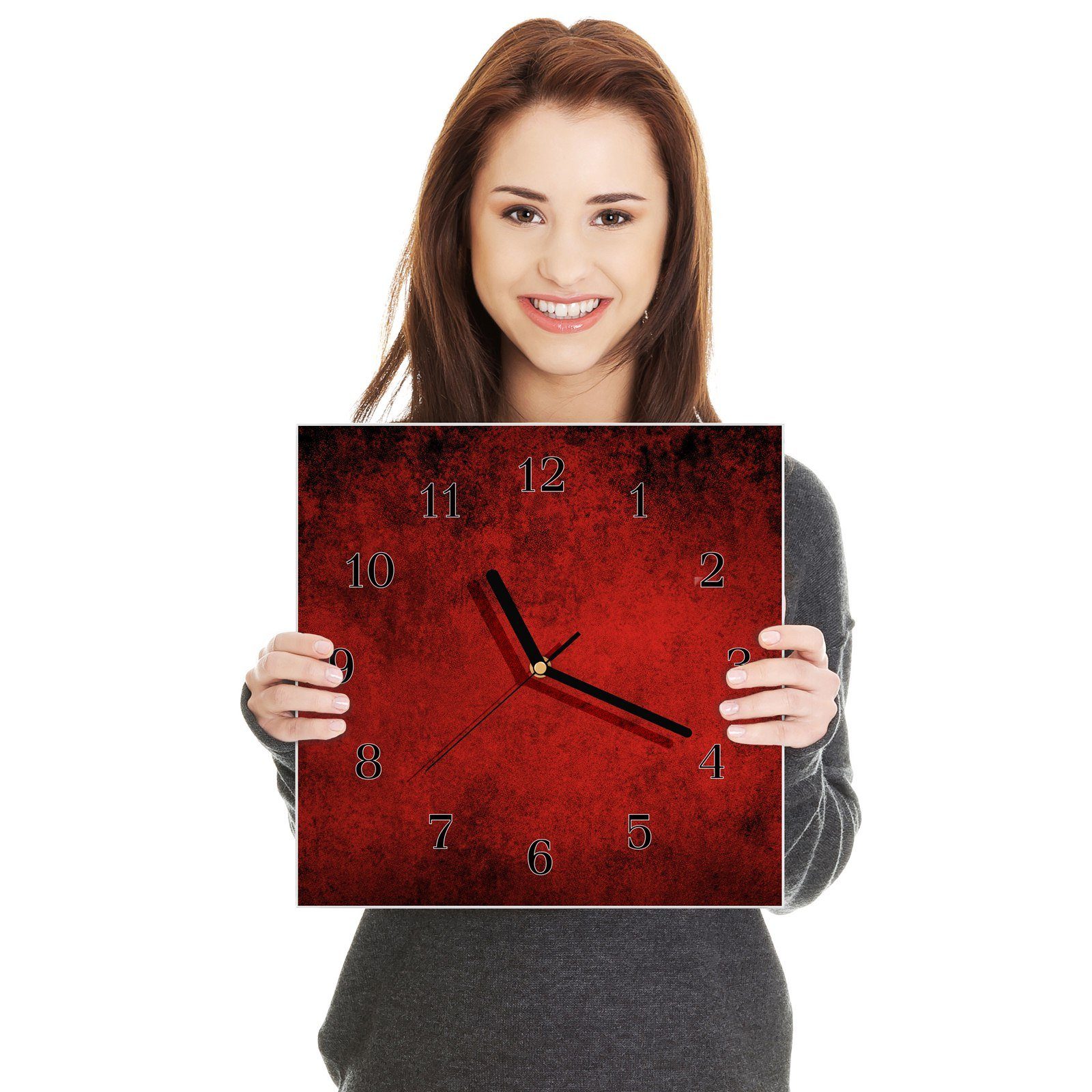 Wandkunst Motiv mit Glasuhr 30 Größe cm Wanduhr 30 x Primedeco Rote Grunge Wand Wanduhr