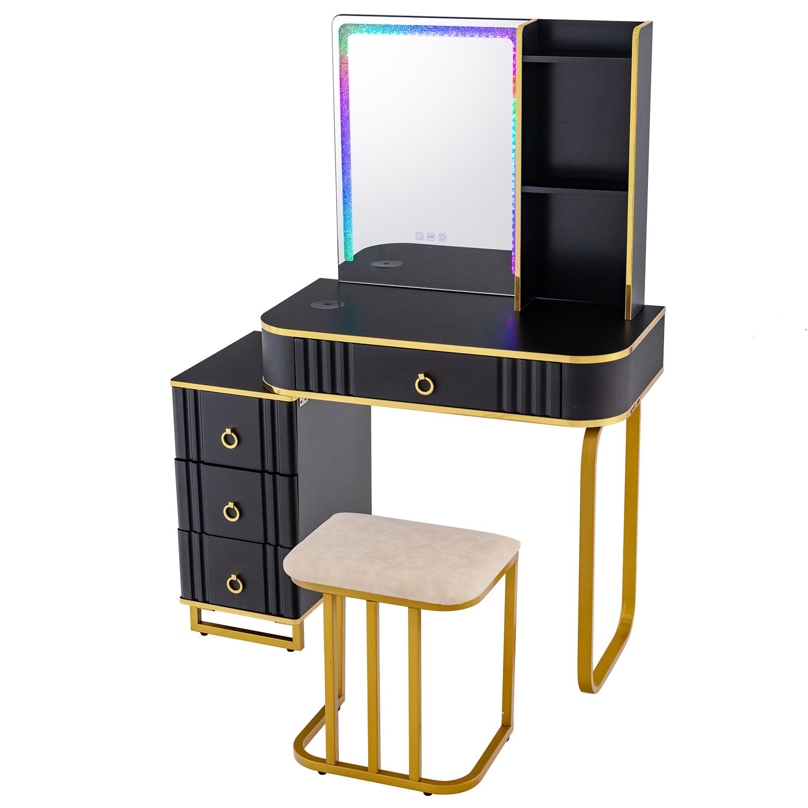 KOMFOTTEU Schminktisch, mit LED, Hocker, USB/Type C/Kabellosem Laden