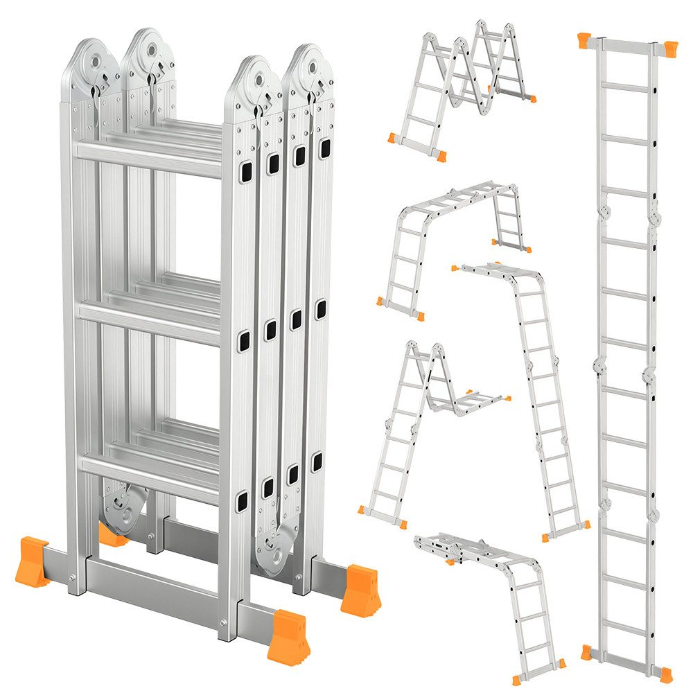 PFCTART Vielzweckleiter Teleskopleiter & Klappleiter Alu – 150 kg Tragkraft, ausziehbar (Set, 1-St., Trittleiter/A/M-Plattform verstellbar – Ideal für Haushalt), 6-in-1 Leiter – Sicherheitsgelenke & rutschfeste Füße