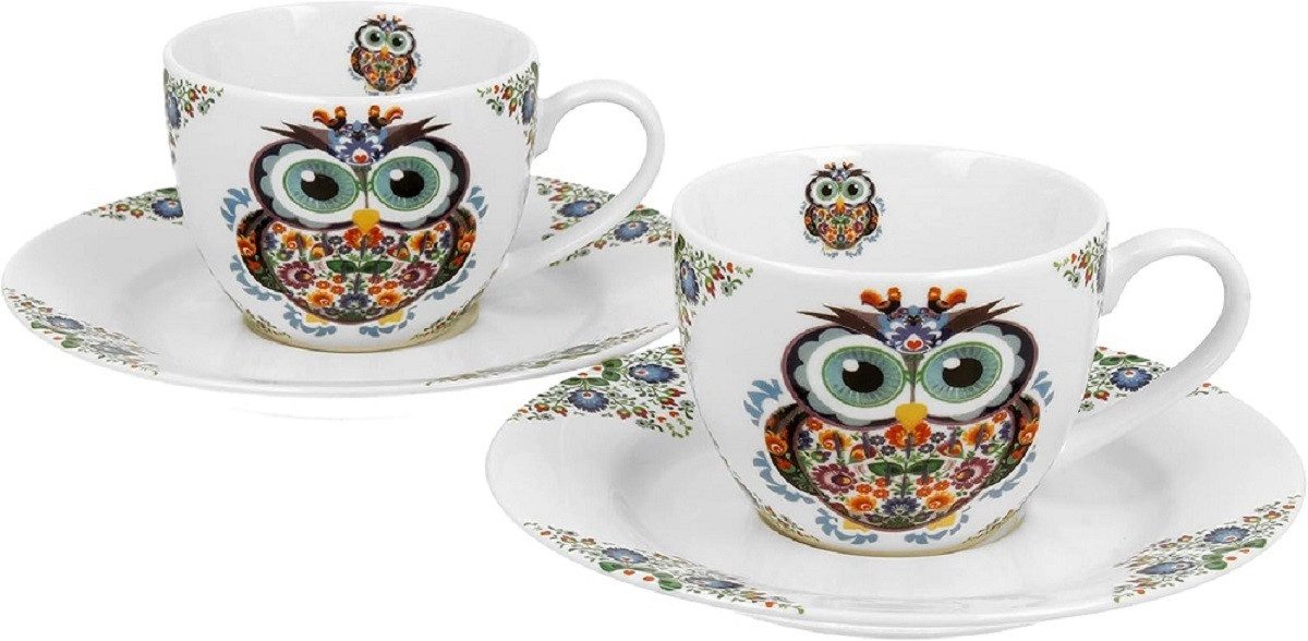 Duo-Gift Espressotasse Set mit Untertassen, Sommer, Frühling, Herbst, Winter, Tasse Motiv, 4-tlg., Porzellan Eule, 2 Espressotassen ca. 90 ml mit Untertassen, SUNFLOWERS, Pflanzen Kollektion, DUO ETNO - OWL 2er-Set Espressotassen 90 ml mit Untertassen aus New Bone China Porzellan, Duo Geschenke, Mug, Kollektion, Ideal als Geschenk
