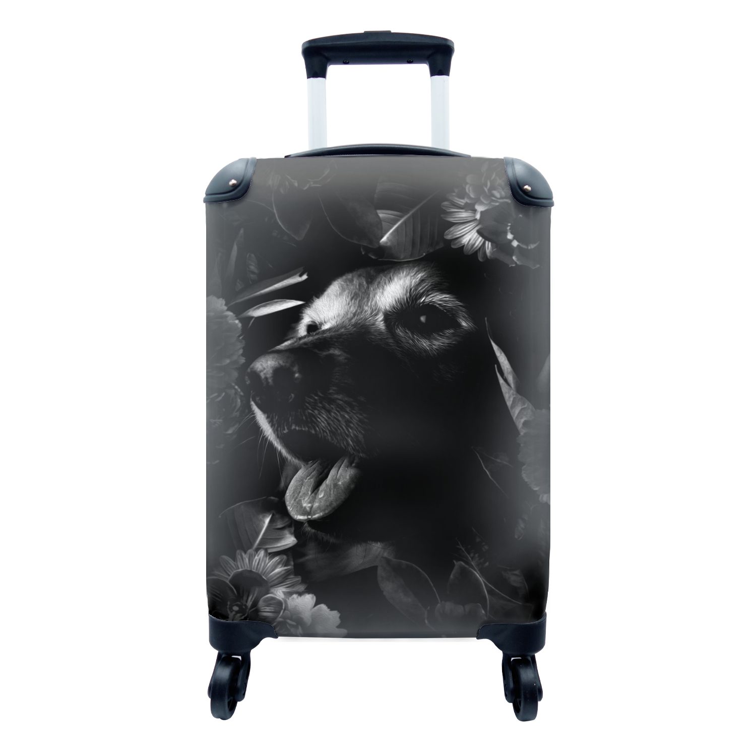 MuchoWow Handgepäckkoffer Botanischer Hund auf dunklem Hintergrund - schwarz und weiß, 4 Rollen, Reisetasche mit rollen, Handgepäck für Ferien, Trolley, Reisekoffer