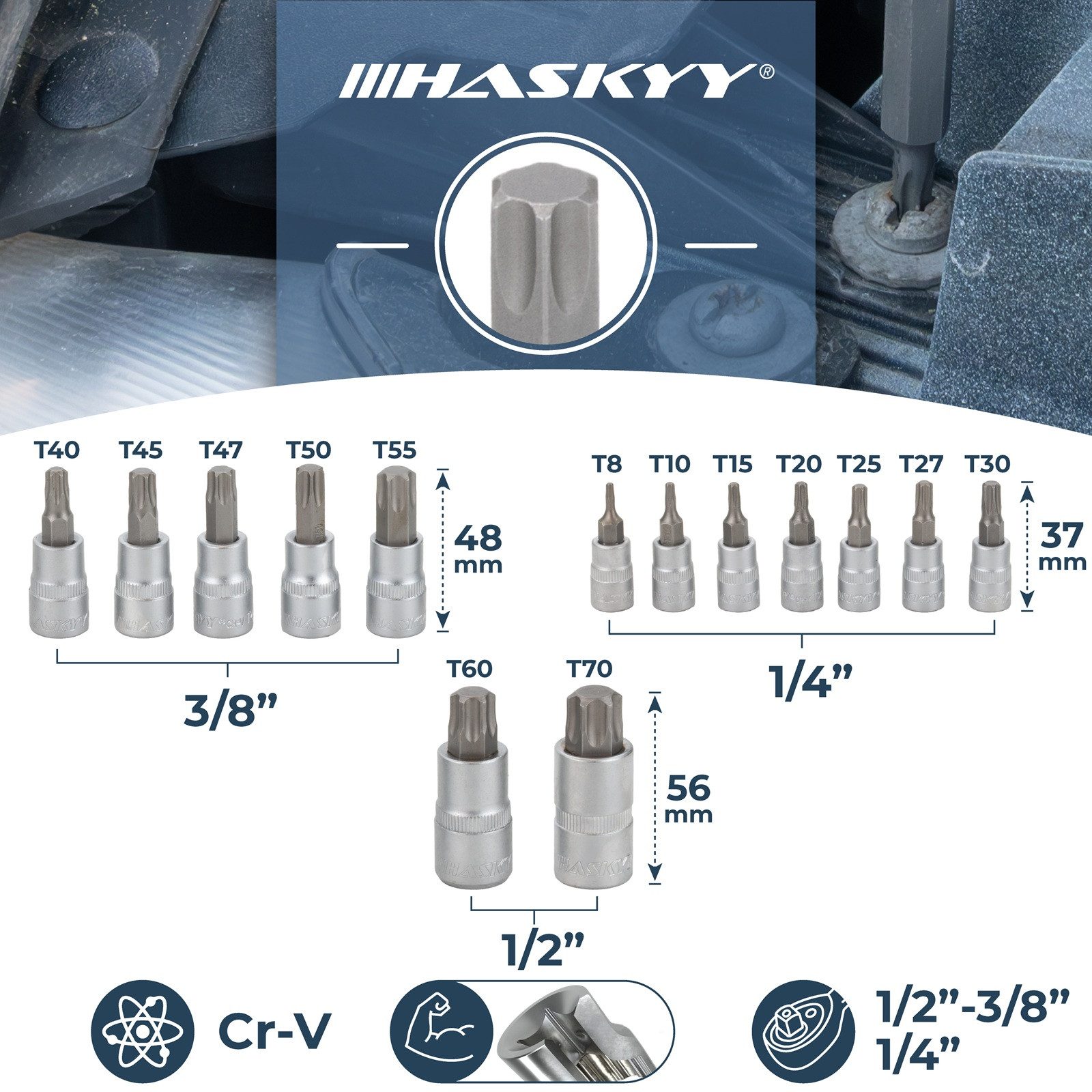 HASKYY Steckschlüssel Torx XZN Steckschlüssel Set 24tlg T8-T70 M4-M18