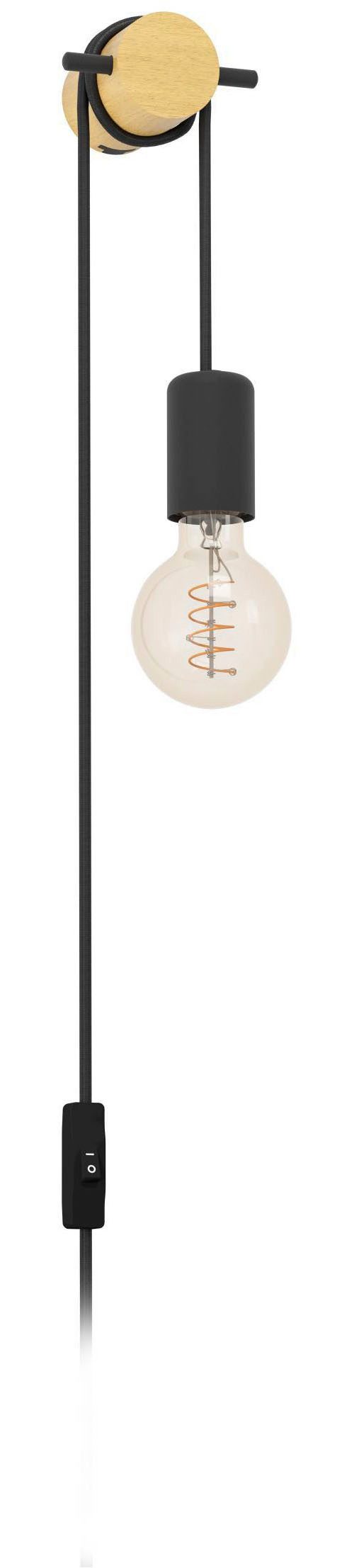 EGLO Wandleuchte Buddon Wandlampe Vintage, Natur, E27, Metall und Holz, Wohnzimmerlampe, Ein-/Ausschalter, ohne Leuchtmittel, Wand-/Deckenleuchte - L5,5 x H260 x AL8 cm - braun, schwarz