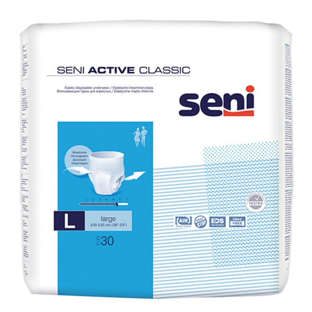 seni Inkontinenzslip Seni Active Classic Inkontinenzpants Größe L 2 x 30 Stück (Multipack, 60-St., Gesamtmenge: 60 Stück, 2 Packungen à 30 Stück) Atmungsaktiv, latexfrei, Nässeindikator, wie Unterwäsche anziehbar