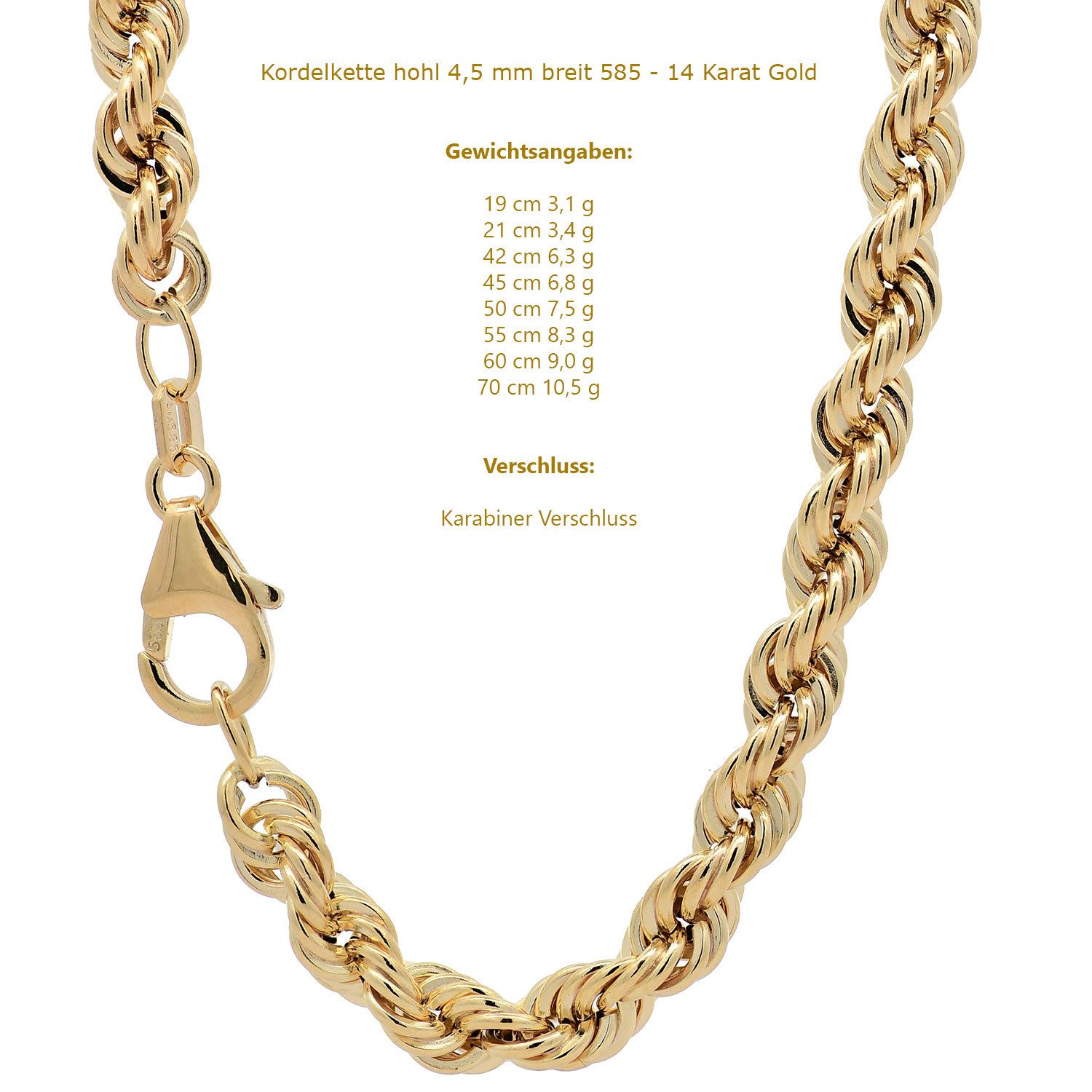 HOPLO Goldkette Goldkette Kordelkette Armkette Breite 4,5 mm 19 cm 585-14 K günstig online kaufen