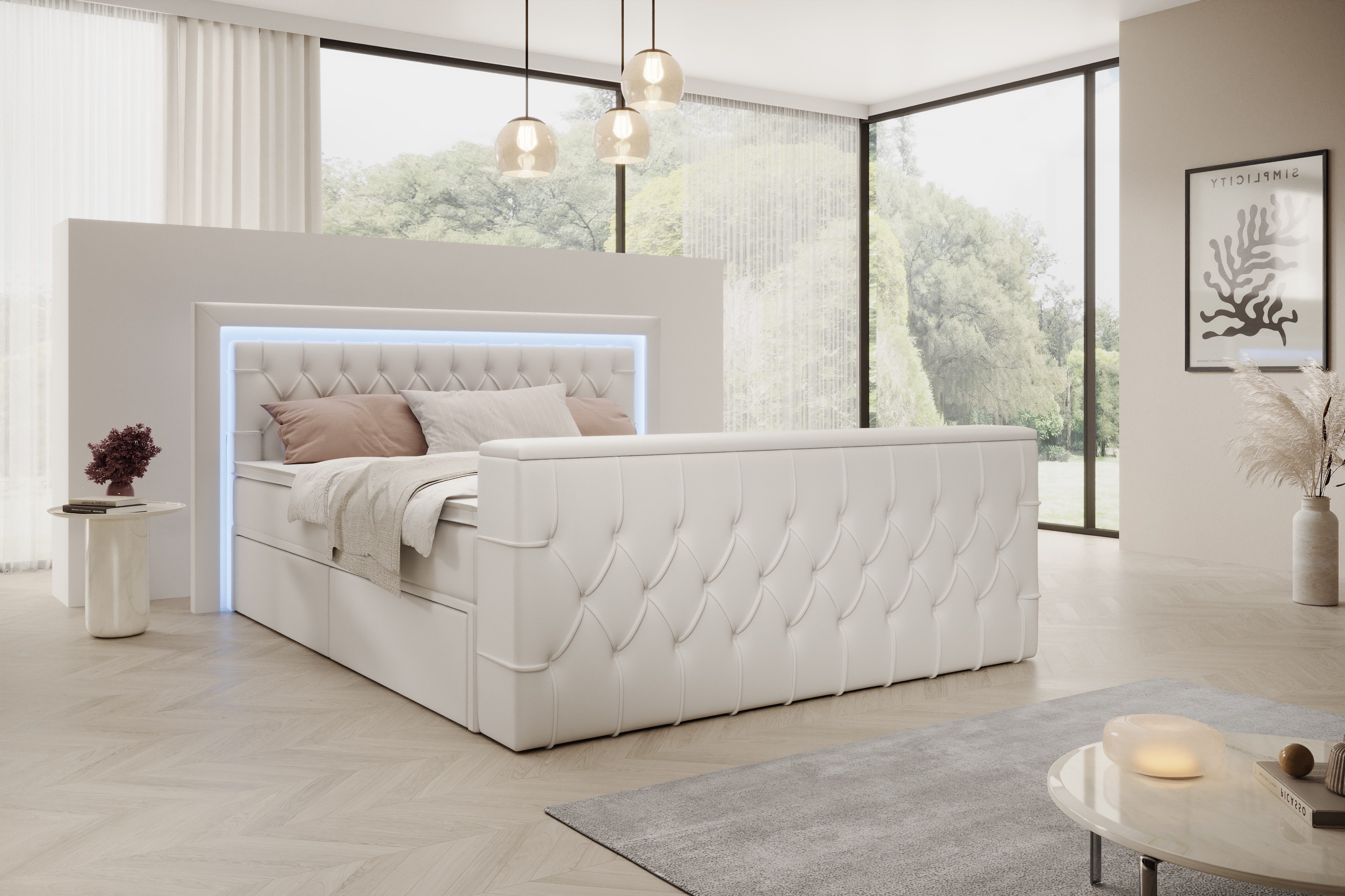 PROMETO Möbel Boxspringbett Doppelbett 180x200 mit Matratze, Schubladen TV-Lift LED Beleuchtung, inkl. 7-Zonen-Taschenfederkernmatratze, TV-Lift im Fußteil, Topper