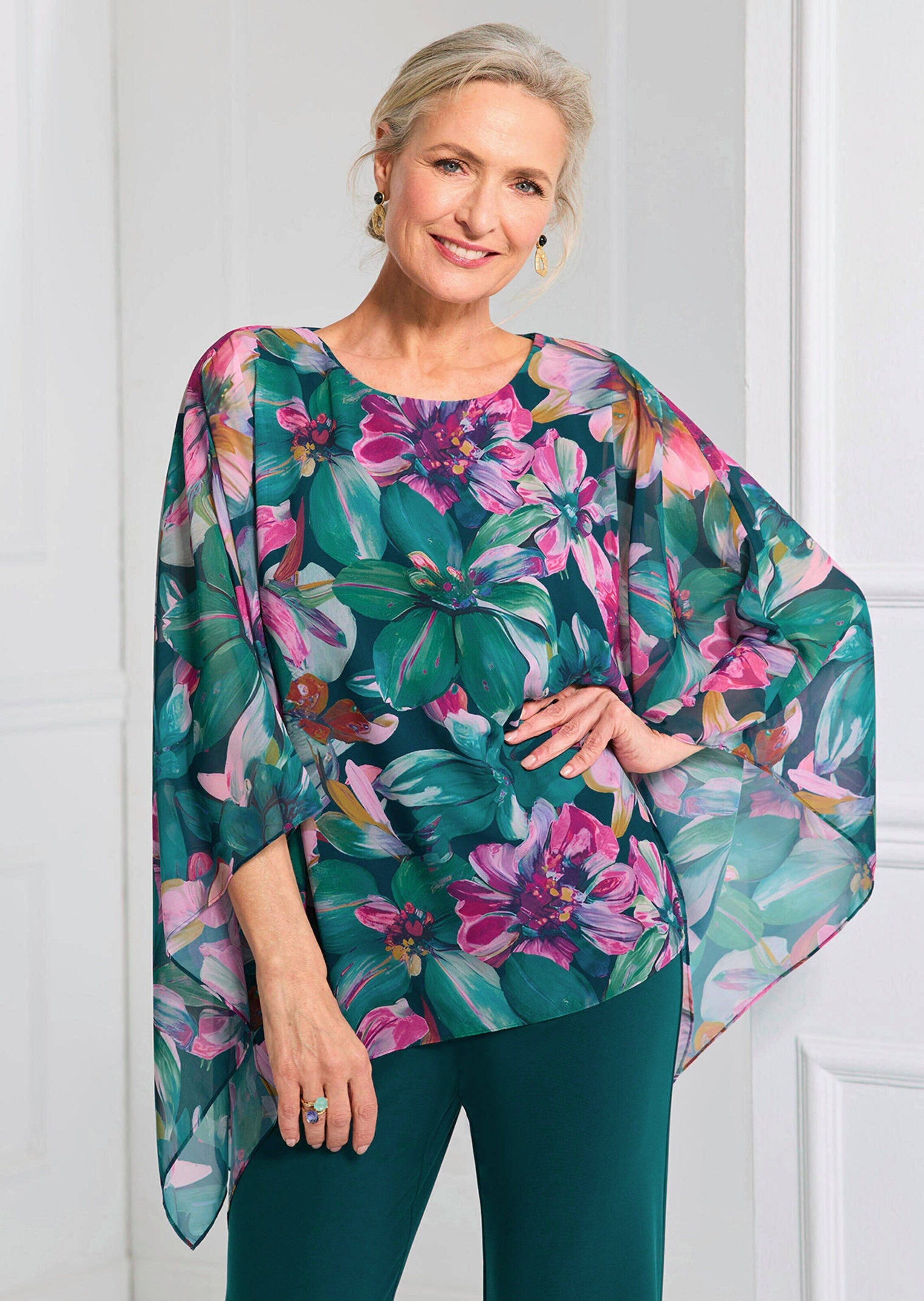 GOLDNER Tunika Elegantes Blusenshirt, florales Design Jerseyshirt mit Chiffon-Überwurf, U-Boot-Ausschnitt und 3/4-Arm
