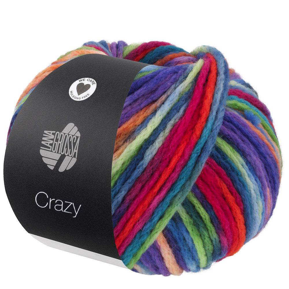 LANA GROSSA CRAZY Voluminöses Merinogarn mit lebendigen Farbprints Häkelwolle, 140 m (95 % superwash Merino-Schurwolle für weichen Garncharakter, Lebendige Farbprints für individuelle Statement-Looks), 100 g