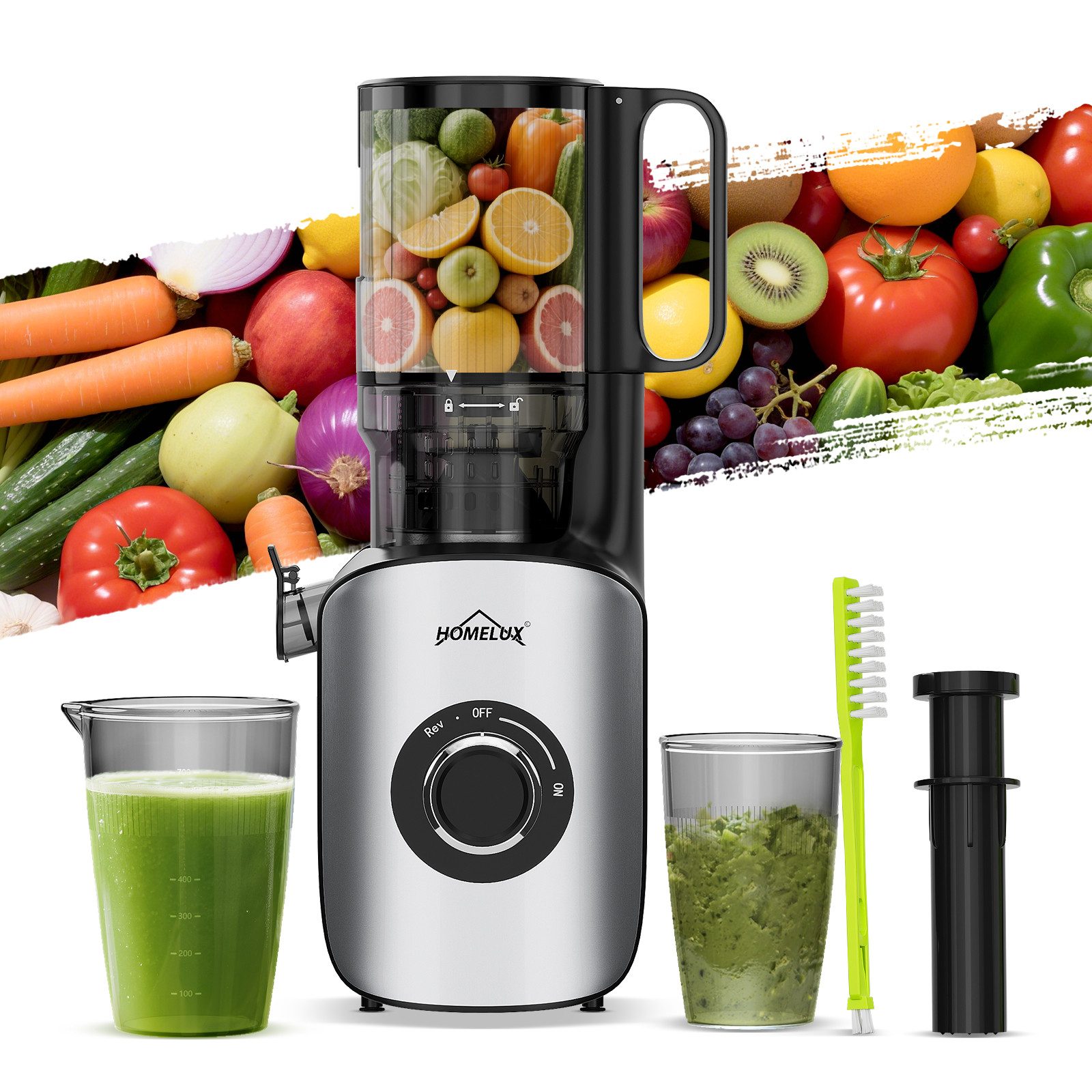 HOMELUX Entsafter Slow Juicer 126MM Öffnung für Ganze Gemüse Früchte mit 2 Tassen Bürste, 220 W, BPA-Frei, Hohe Saftausbeute, Erhalt der Nährstoffe