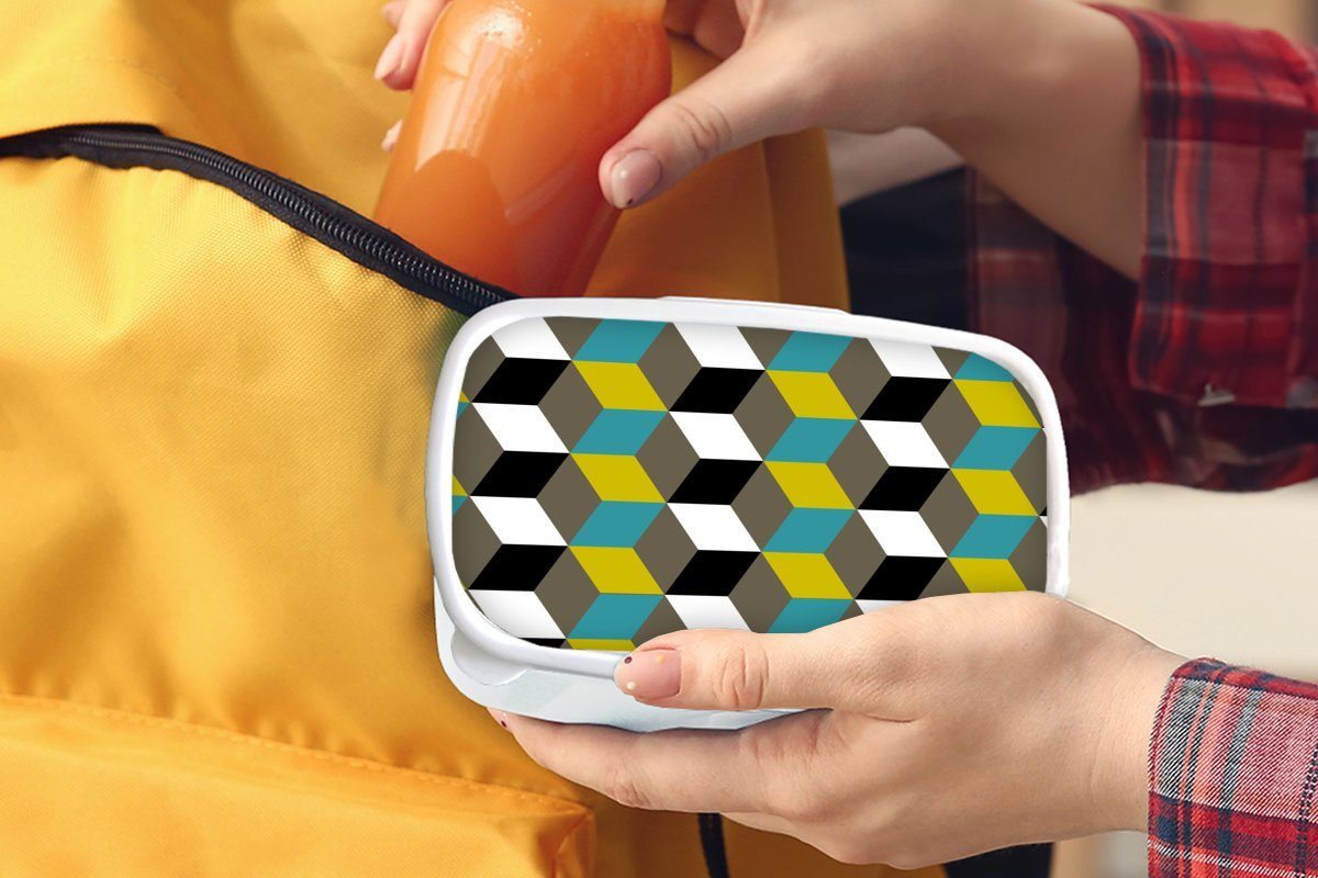 MuchoWow Lunchbox Blöcke - Muster weiß Brotbox - Brotdose, für Kinder Kunststoff, und Jungs Mädchen (2-tlg), für und Erwachsene, 3D
