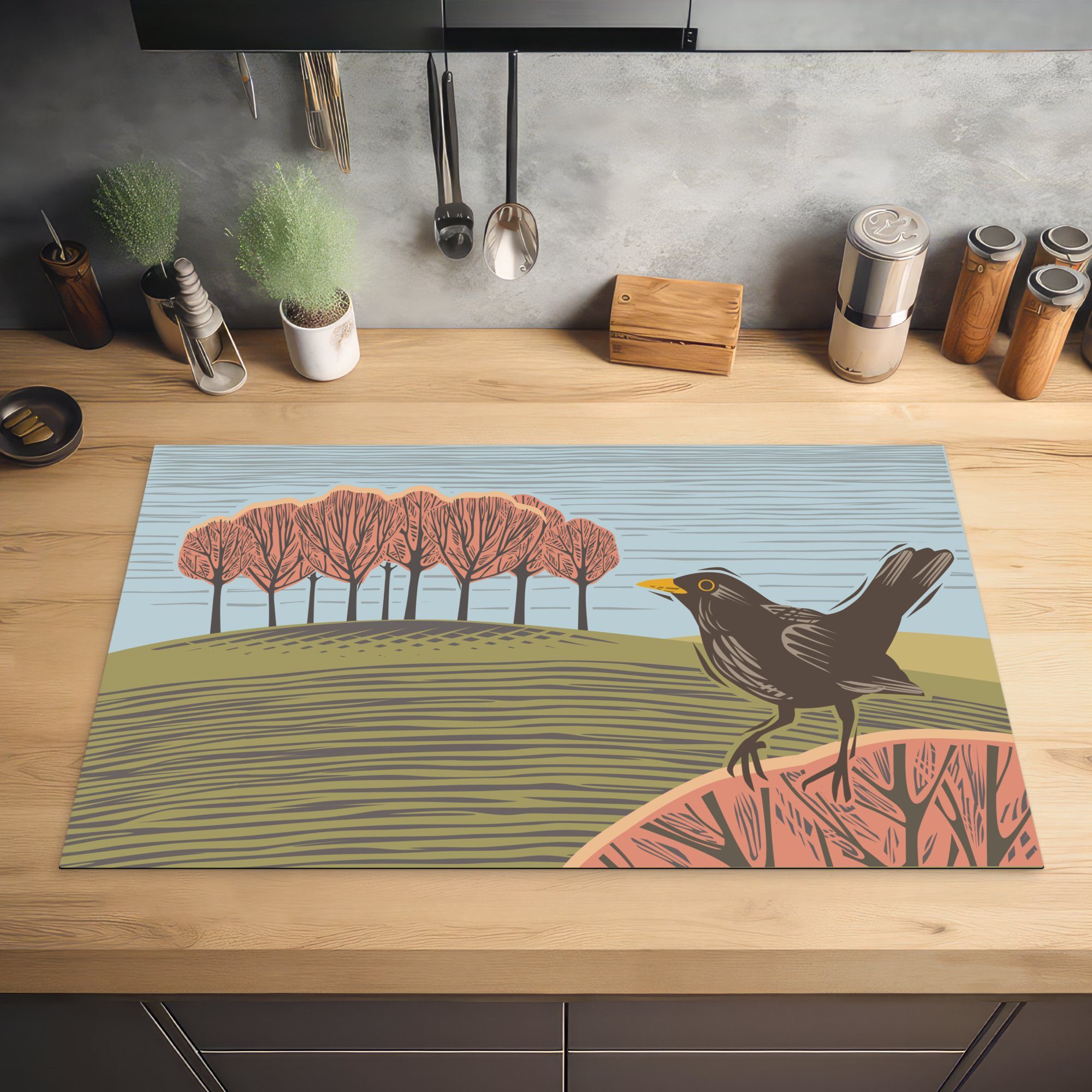 MuchoWow Herdblende-/Abdeckplatte Amsel 83x51 - cm, - Vinyl, (1 küche Ceranfeldabdeckung, tlg), für Bäume, Illustration Arbeitsplatte