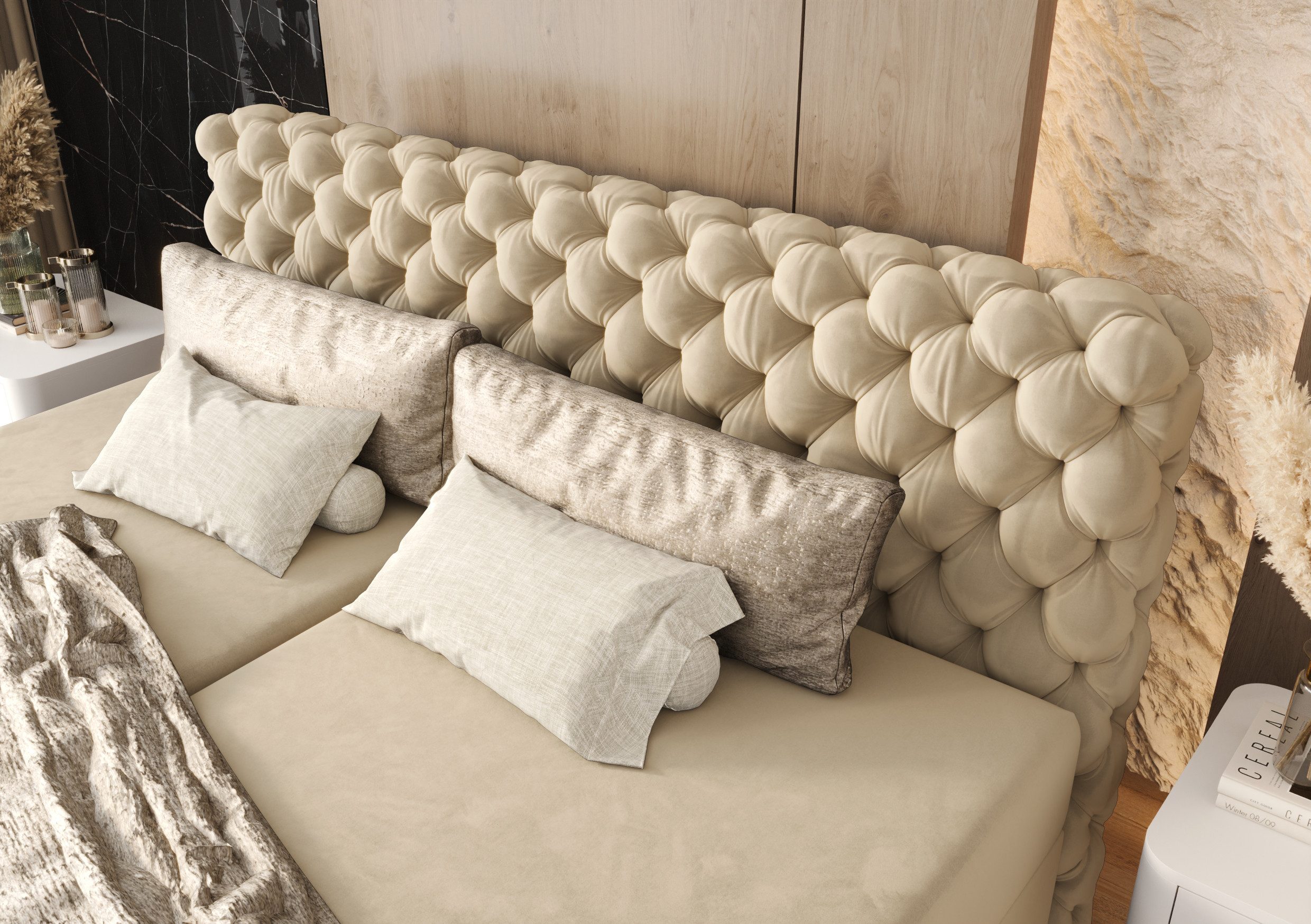 B&B Home Boxspringbett Boxbett Figo IV (inkl zwei Bettkästen, Multipocket-Matratze und Topper, Chesterfield)