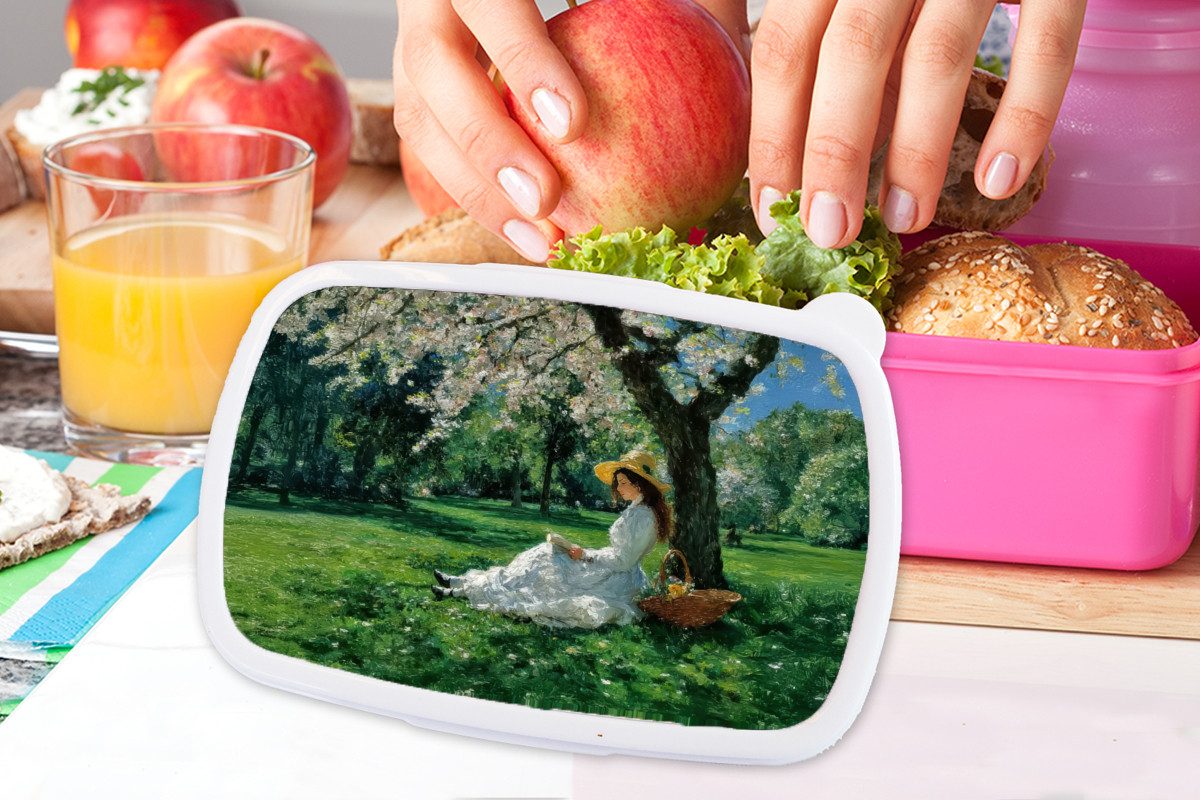 MuchoWow Lunchbox Frau - Baum - Buch - Korb, Kunststoff, (2-tlg), Brotdosen, Lunch Box, Brotbox für Kinder und Erwachsene