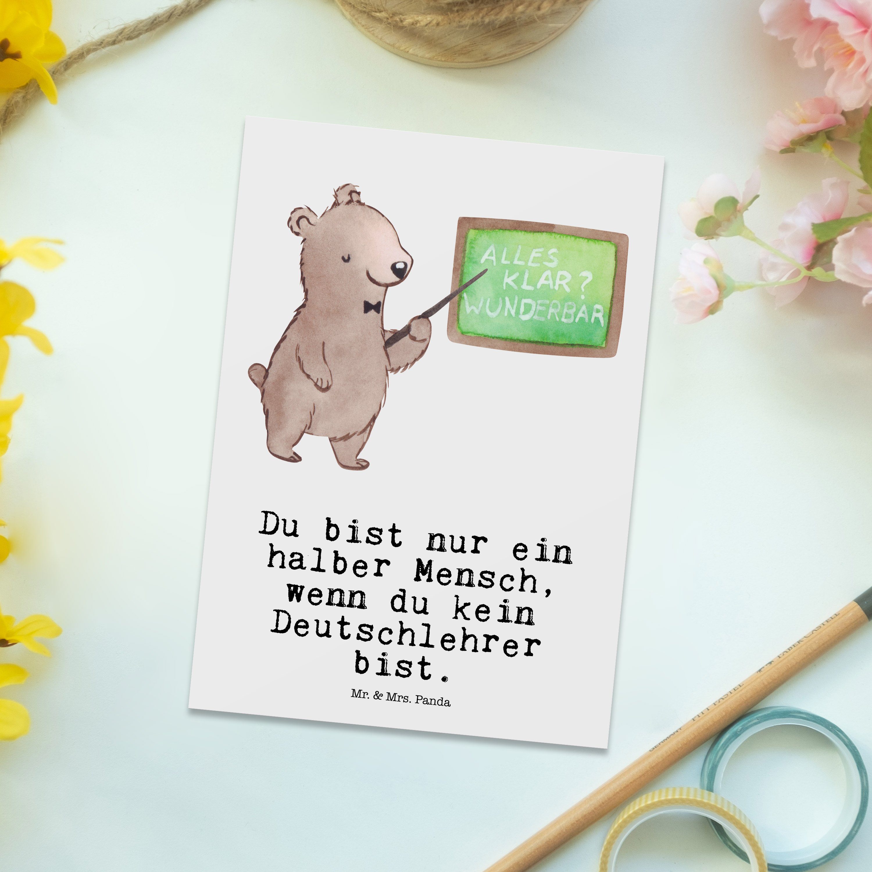Schule, Einladung, Postkarte mit Mrs. Herz - Deutschlehrer - & Panda Mr. Geschenk, Weiß Grußkart