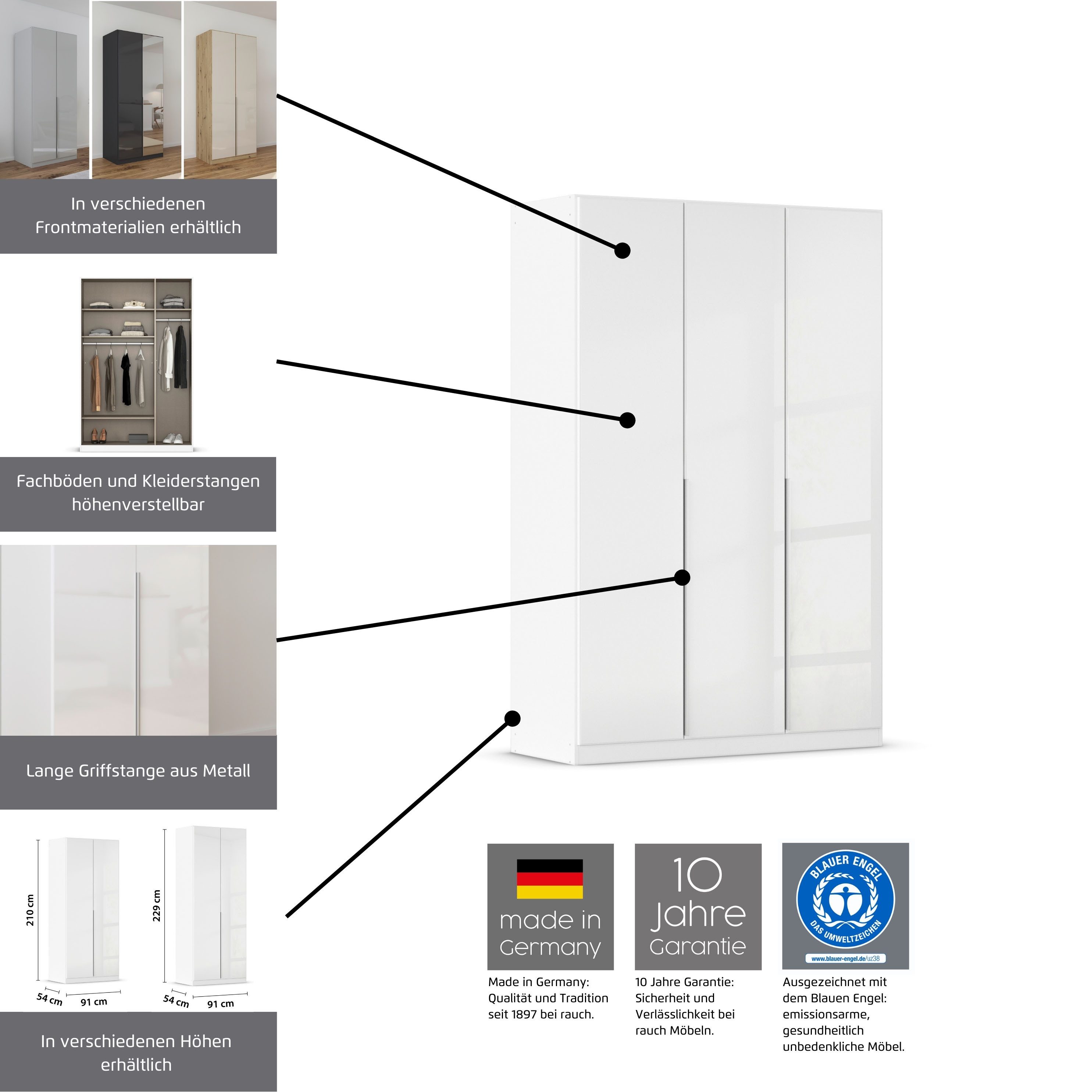 OTTO home Drehtürenschrank Kleiderschrank Kleiderschränke Schrank Garderobe AGORDO mit Glasfront (in zwei Griff-Farben, Breiten 91-405 cm) durchdachte Innenauss – Bild 5 von 5
