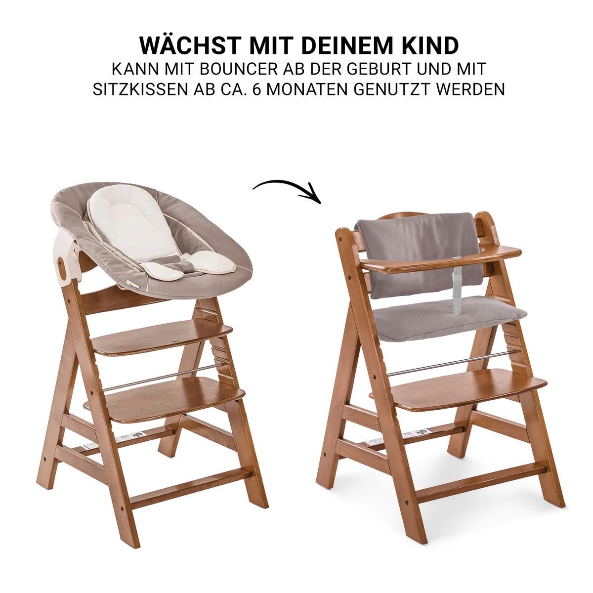 Hauck Hochstuhl Alpha Plus Newborn Set - Walnut, Holz Babyhochstuhl ab Geburt inkl. Neugeborenenaufsatz & Sitzauflage