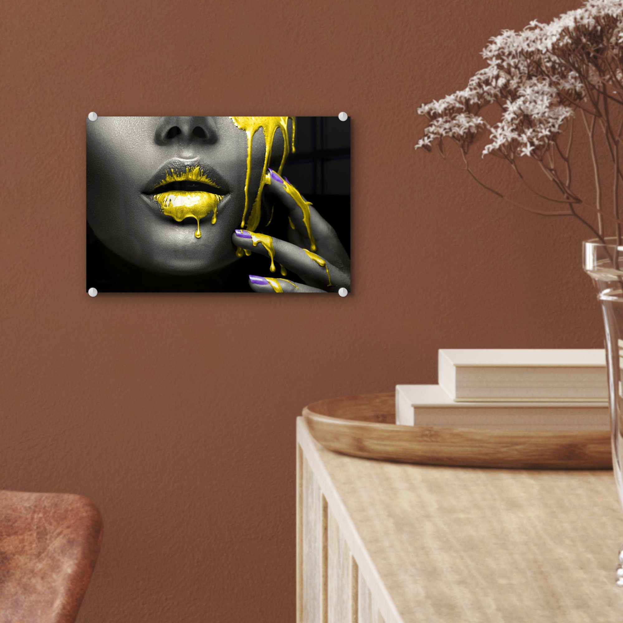 Glas Acrylglasbild MuchoWow auf auf Bilder St), - Schwarz, Wanddekoration Foto Glasbilder Gelb - - (1 Wandbild - - Lippen Glas