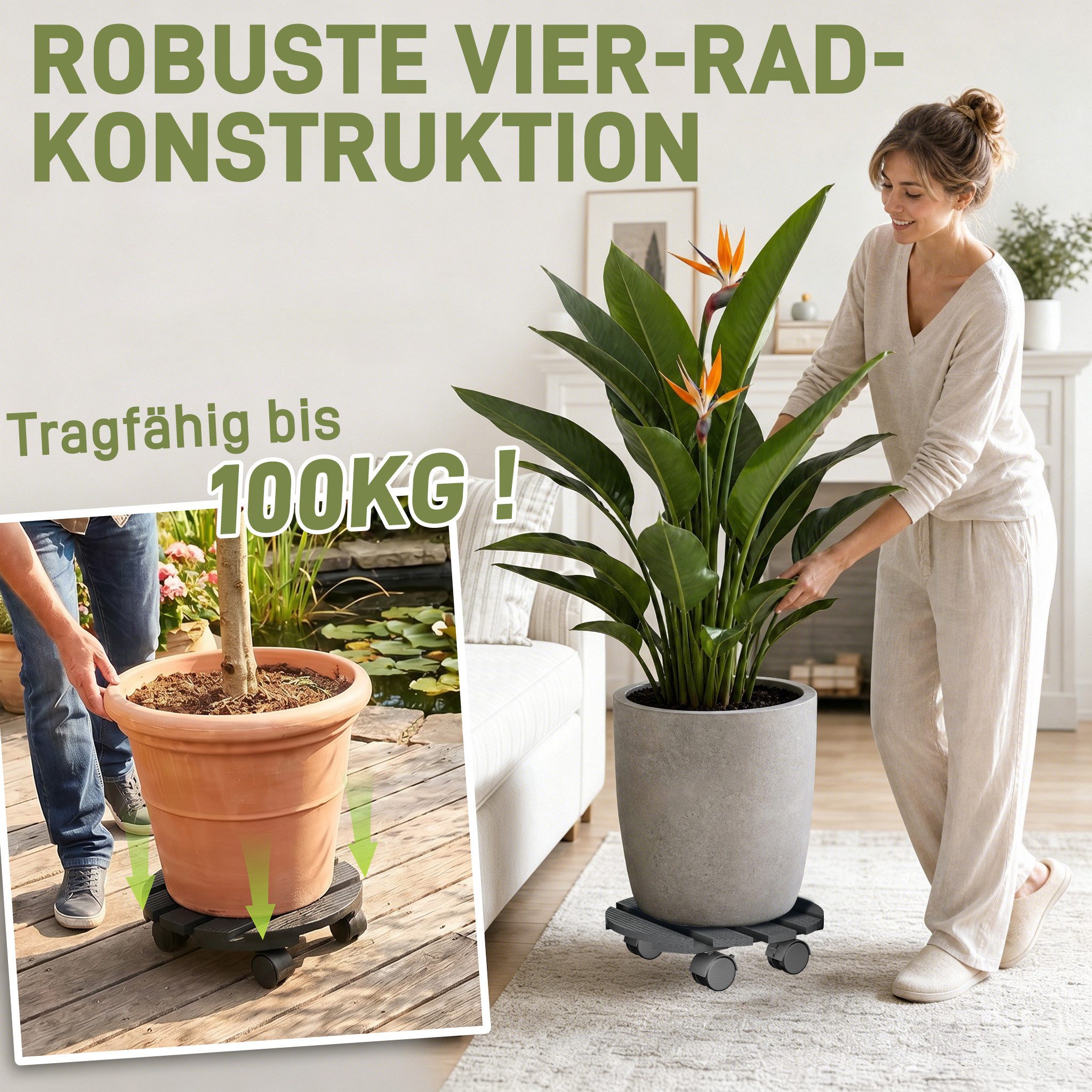 FIVMEN Pflanzenroller WPC Rollbrett Pflanzen 100 kg Tragkraft Blumenroller 30 x 30 cm, Rollen mit 2 Feststellern für Außenbereich Innenbereich – Bild 3 von 5