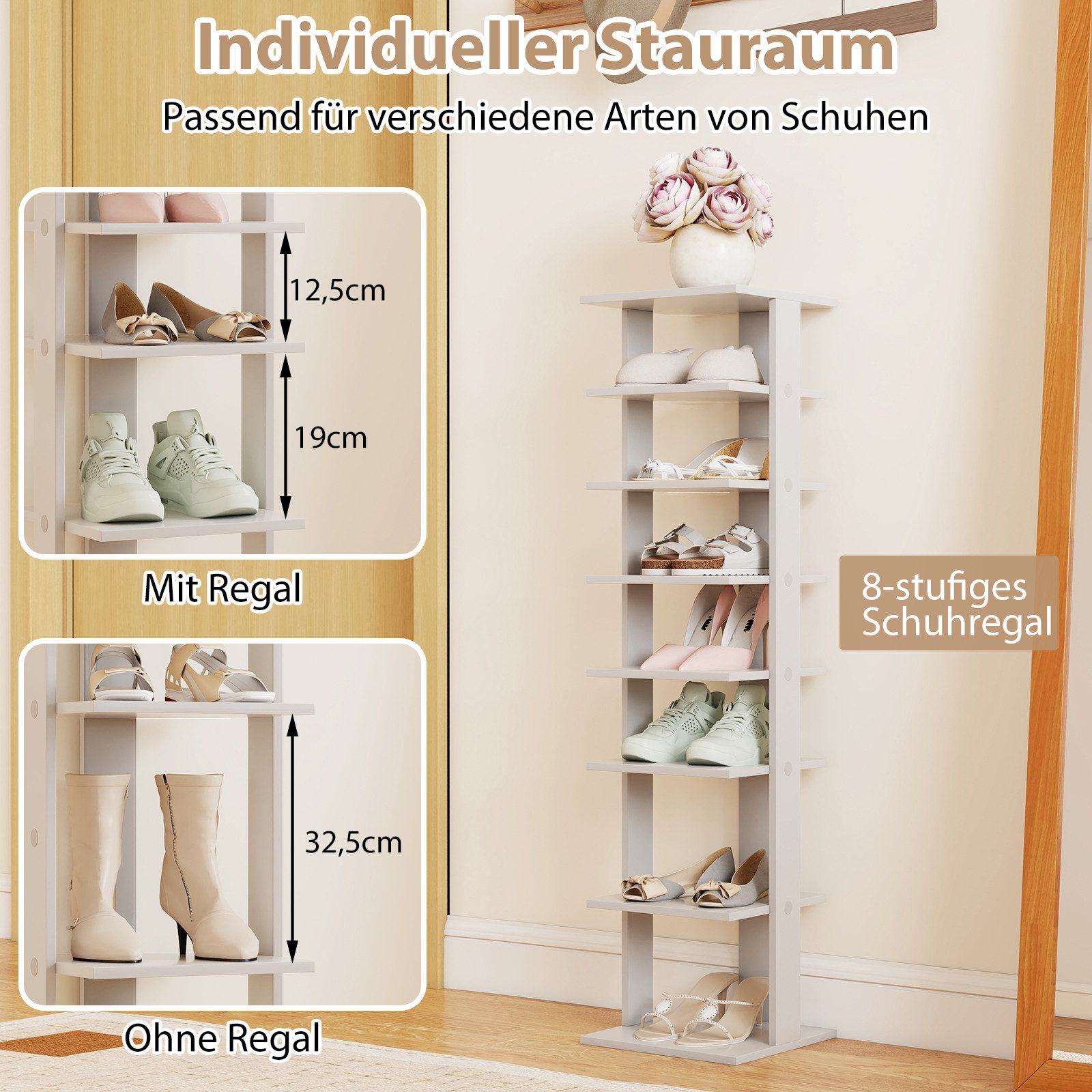 COSTWAY Schuhregal, schmal, höhenverstellbar, 8-stöckig, Holz, 110cm