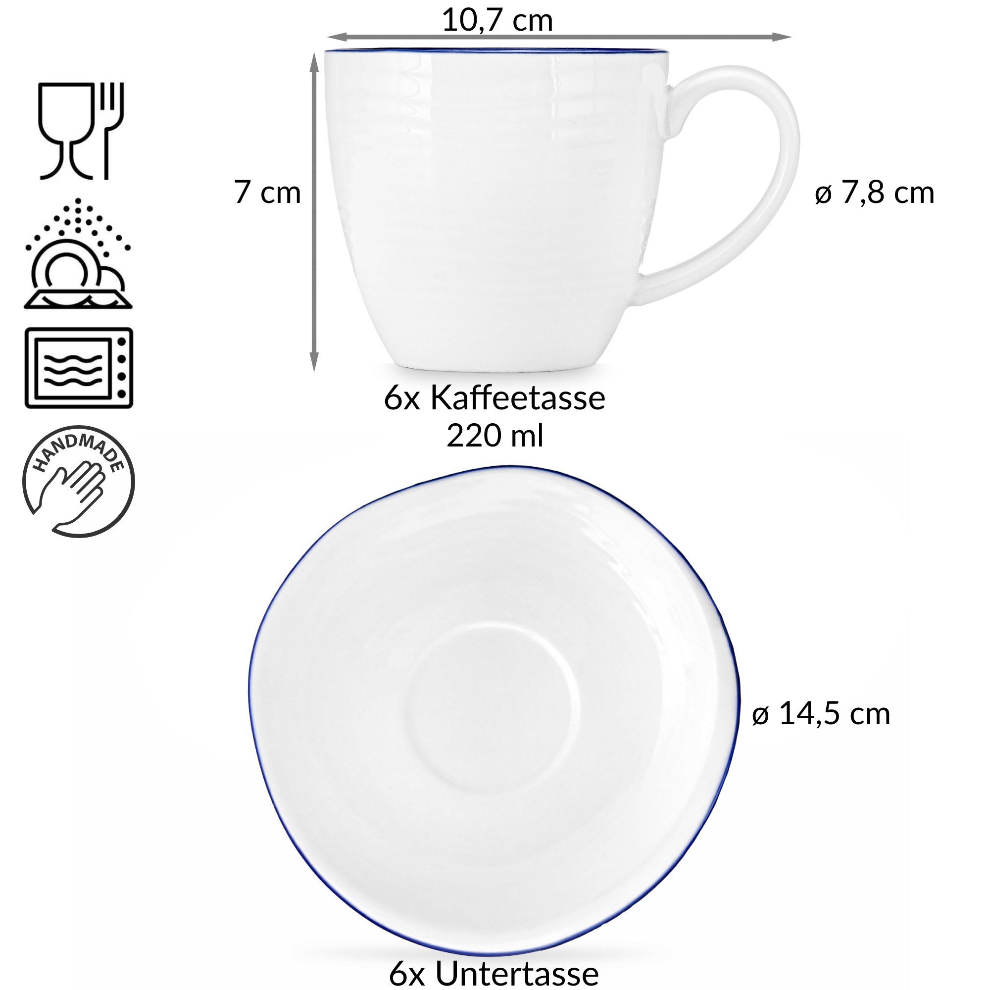 KROG Kaffeeservice handgefertigt, 220ml, Personen 6 mit 6 Porzellan, (12-tlg), Tasse Porzellan, Personen, Untertasse Konsimo