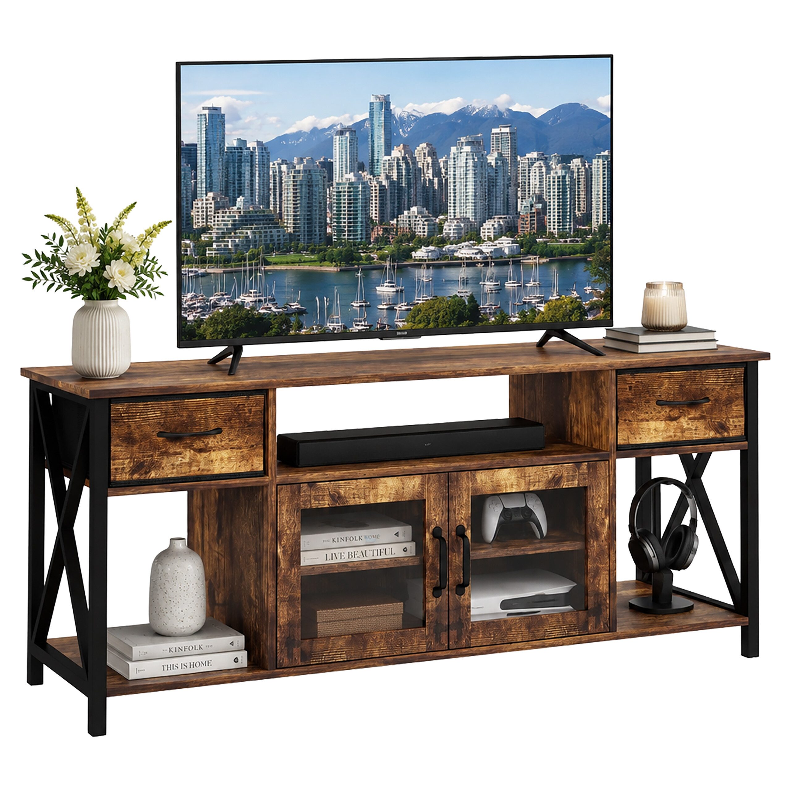 relaxdays TV-Bank TV Lowboard mit Stauraum, Industrial-Schwarz, 140 cm