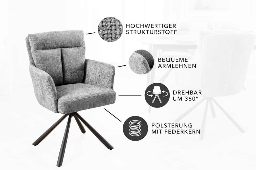 riess-ambiente Polsterstuhl BIG GEORGE grau – Strukturstoff, Metallgestell, mit Armlehnen (Einzelartikel, 1 St), 360° drehbar mit Federkern – ideal für bequemes – Bild 5 von 5