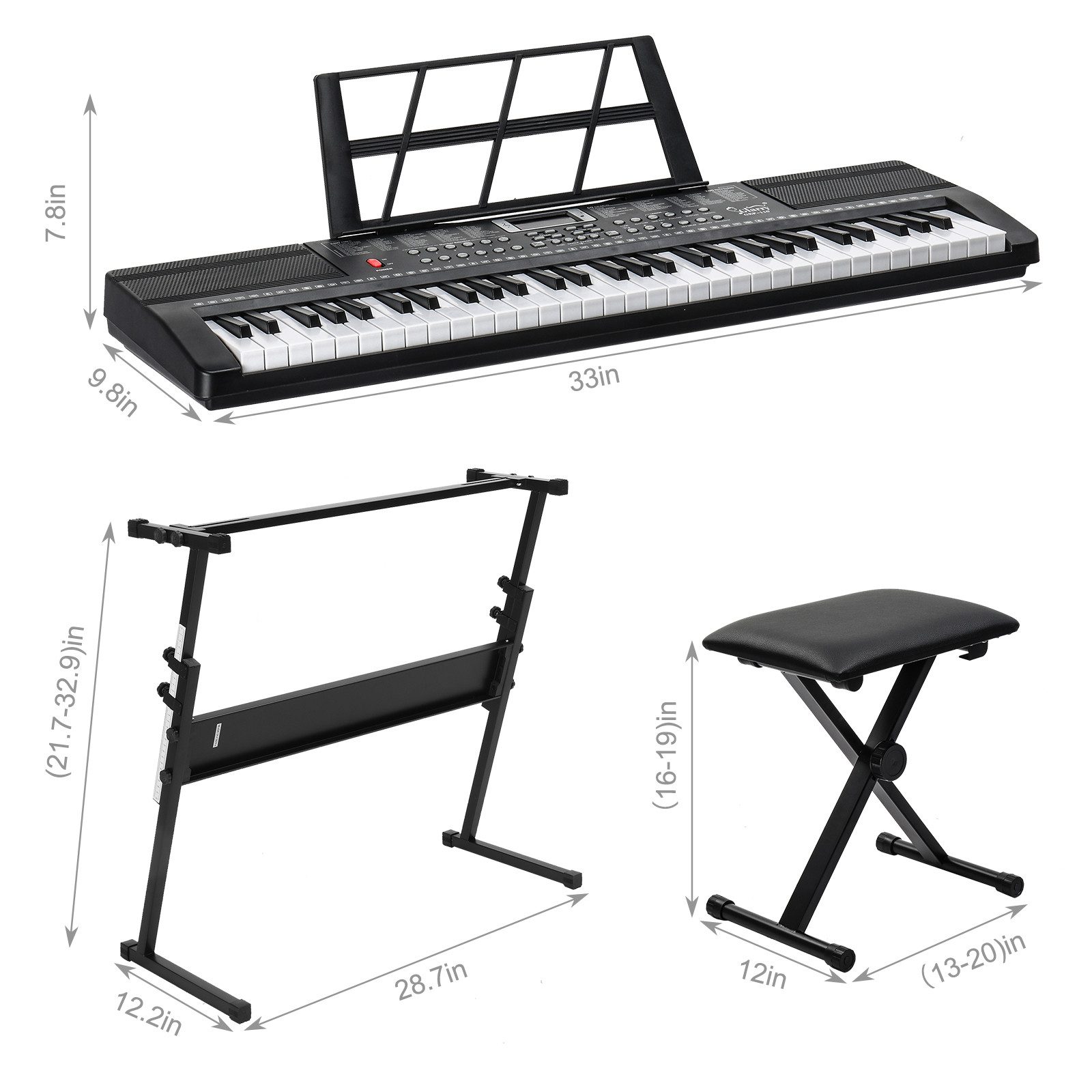 LALAHO Klavier 61 Tasten E Keyboard,Digitalpiano Set, Elektronisches Klavier,Keyboardständer, Keyboardbank und Mikrofon